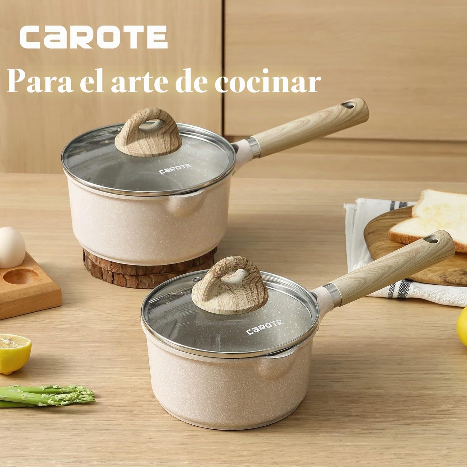 CAROTE Set de 2 Cazos Antiadherentes 16cm y 18cm Blancos, Revestimiento de Granito, Inducción, Mango de Madera, Sin PFOA, Juego de Cazos de Cocina