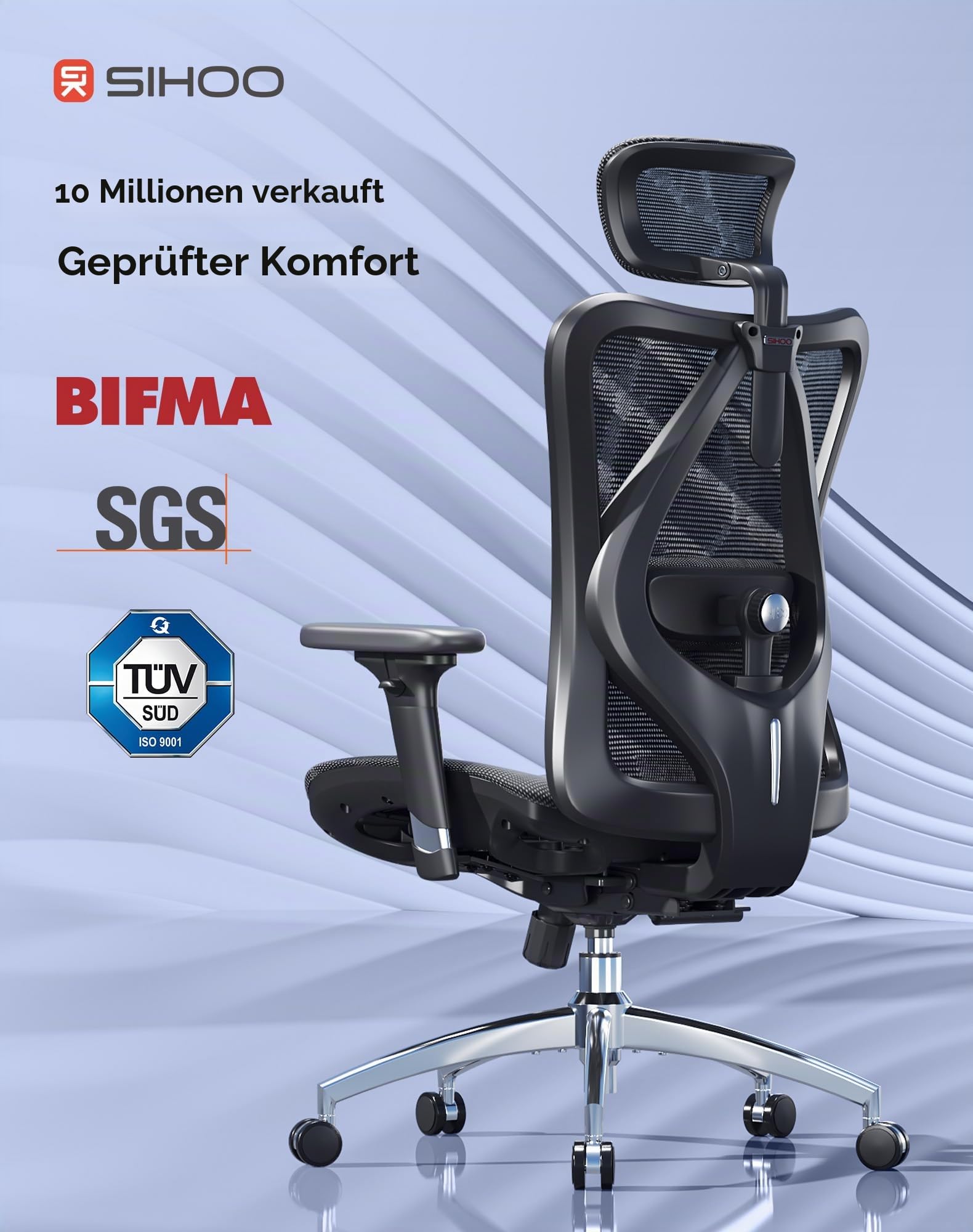 SIHOO M57 Ergonomischer Bürostuhl mit 3D Armlehne und Lendenwirbelstütze, Netz-Hochlehne, bis 150kg Belastbar (schwarz)