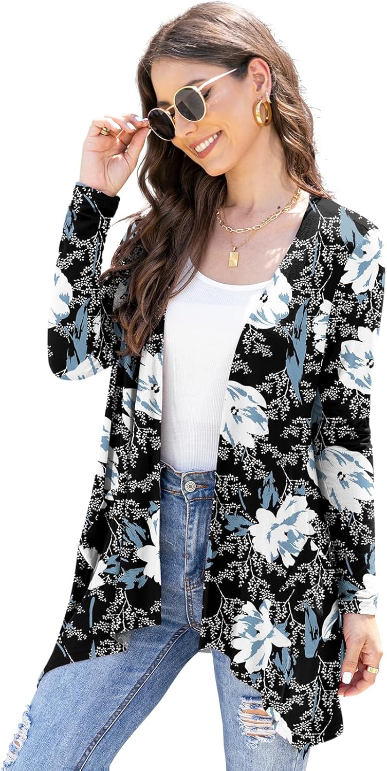 Women's Lightweight Cardigan Casual Soft Long Sleeve Floral Knit Cardigans with Pockets High Low Hem Draped Duster - Image 2