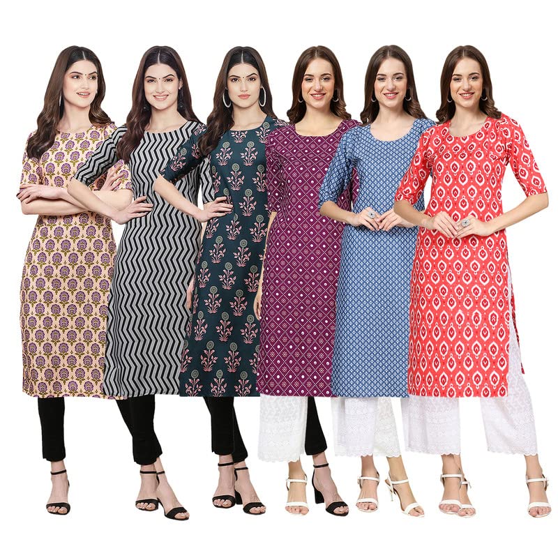 Pinkmint Women's Crepe Digital Print Straight Kurta [Pack Of 6](Qv-332-336-335-355-367-346-Xl)