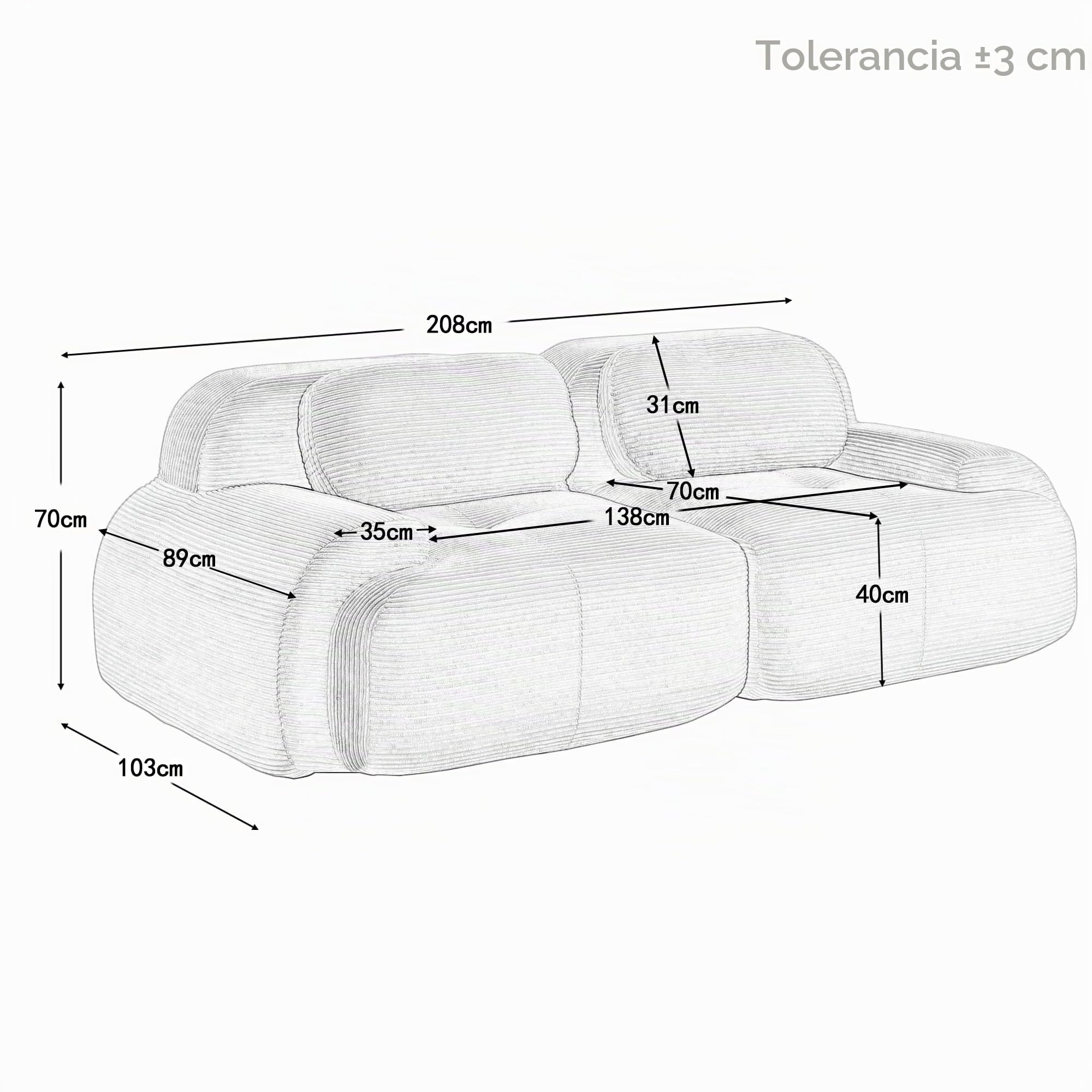 Sapgaks Sofá esquinero convertible, sofá de 2 a 4 plazas, sofá modular comprimible, se puede combinar libremente con reposabrazos y reposapiés, pana (gris 2 posiciones)