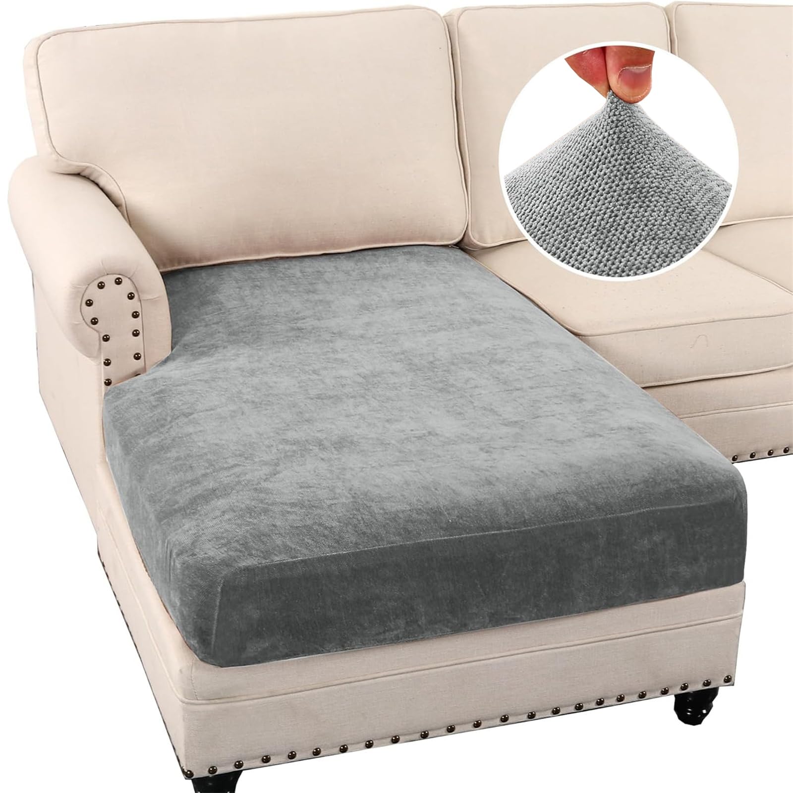 BXFUL Stretch Sofa Seat Cushion Covers, Chenille Sofa Cushion Slipcovers, High Stretch Couch Covers for Living Room Non Slip Furniture Slipcover with Elastic Bottom (Chaise Lounge,Grey)