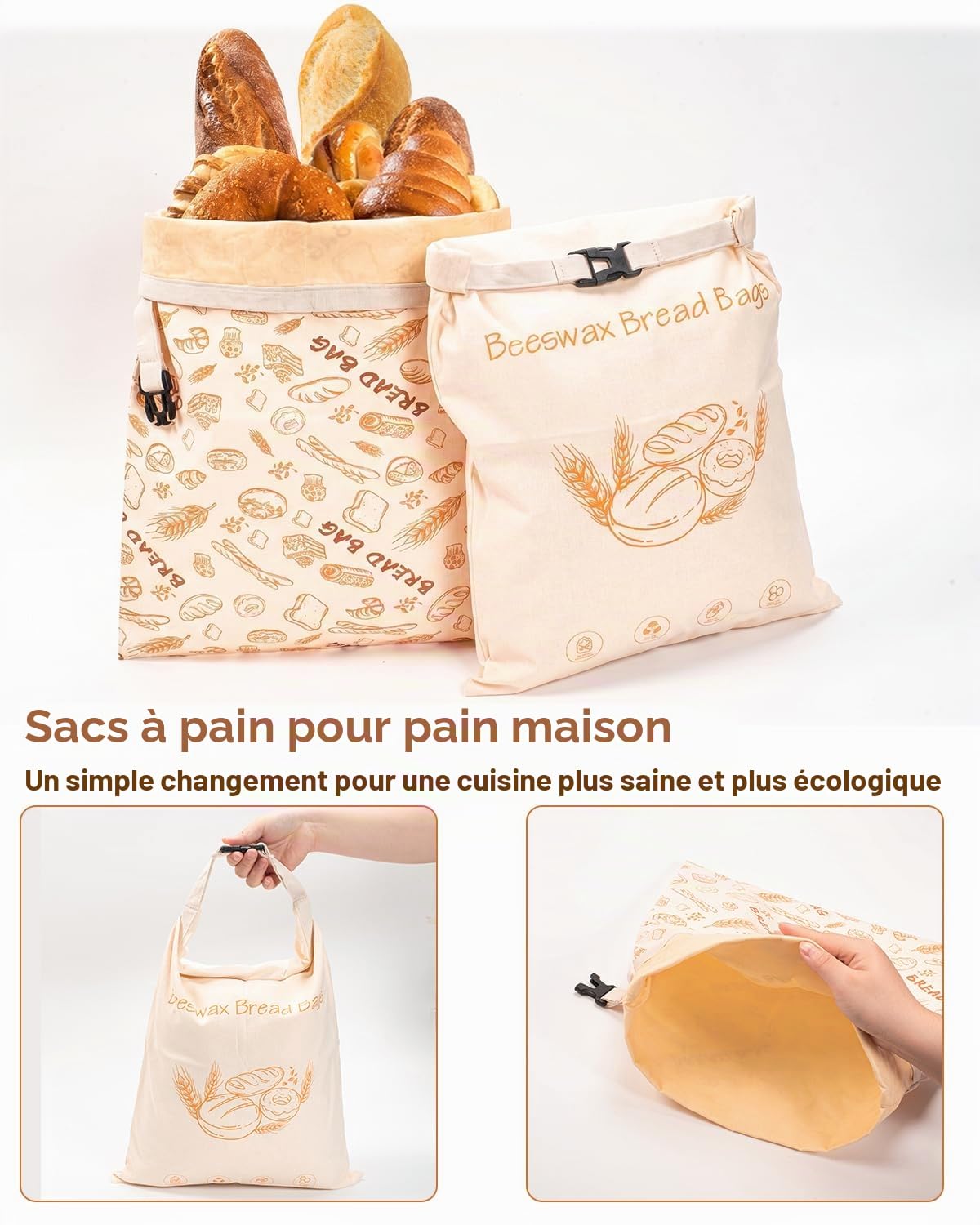 2 Sacs à Pain en Cire d’Abeille 43×33 cm – Sac de Conservation Réutilisable en Coton, pour Pain au Levain et Baguette, Sac Écologique pour Garder la Fraîcheur du Pain