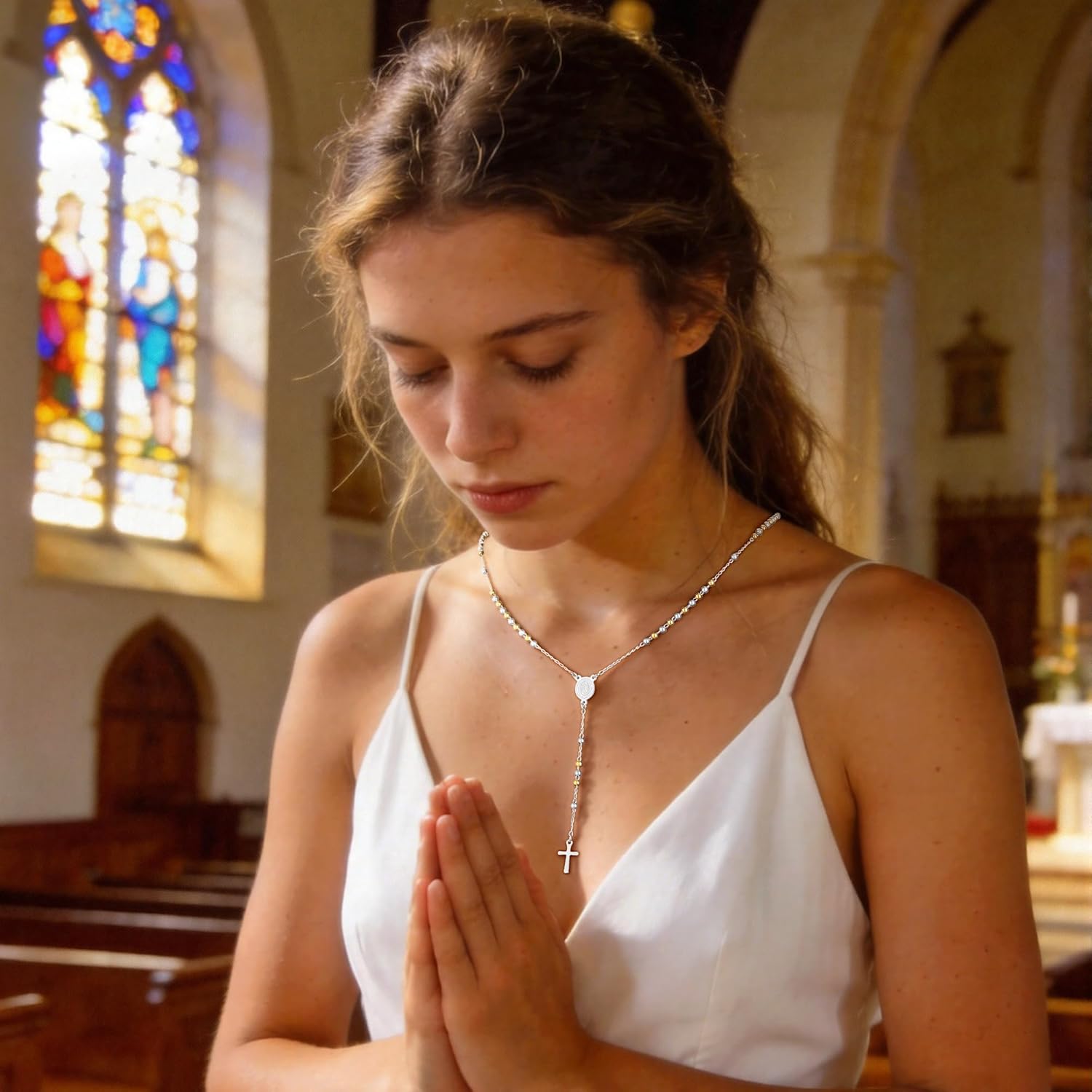 Rosary Cross Necklace for Women, Gold Plated Silver Black Virgin Mary Rosary Bead Necklace Catholic Jewelry - Image 5