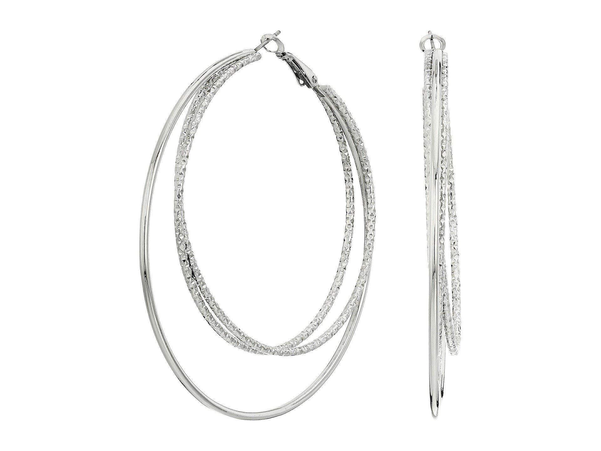 GUESS Pendientes de aro de plata de alambre liso y texturizado con acabado pulido, cierre sin embrague, piedra de cristal, talla única
