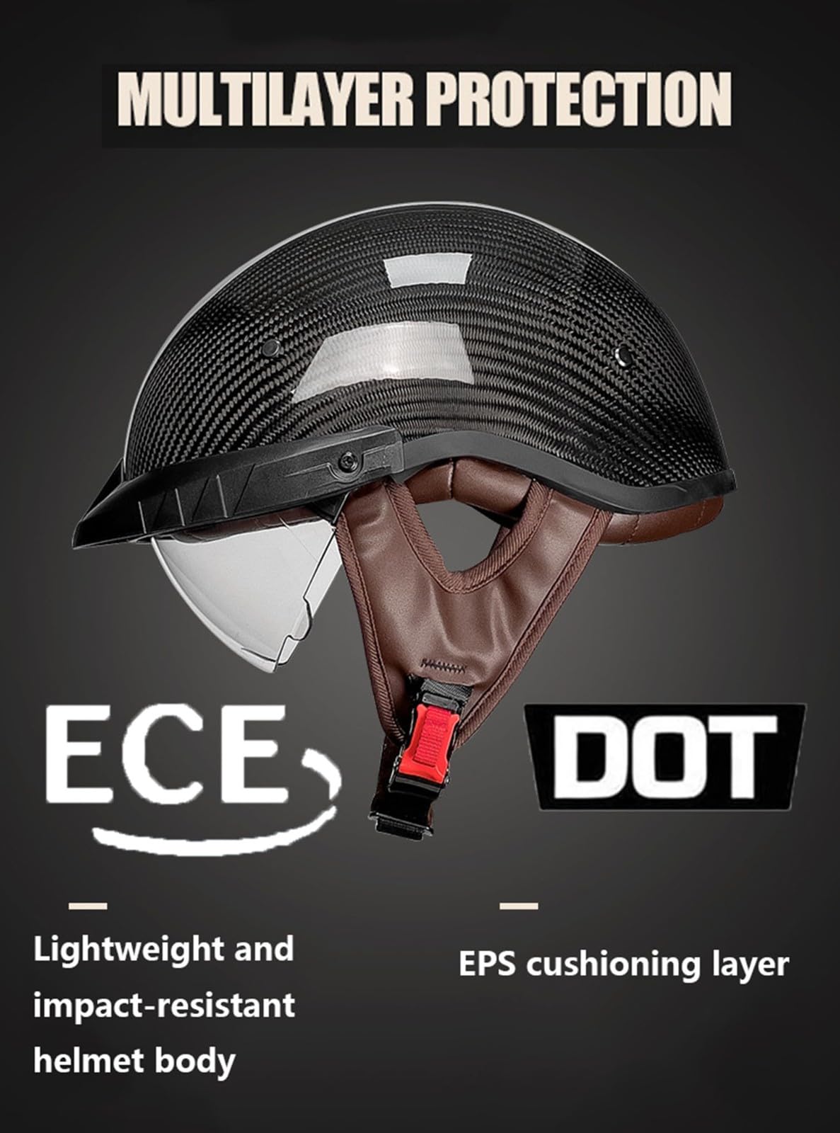 Motorradhelm Retro Motorrad Carbon Carbon Halbhelm ECEDOT zertifizierter Cruiser Chopper Scooter Pilot Jet Helm Helm Mit Offenem Gesicht Unisex mit Built-in Visier