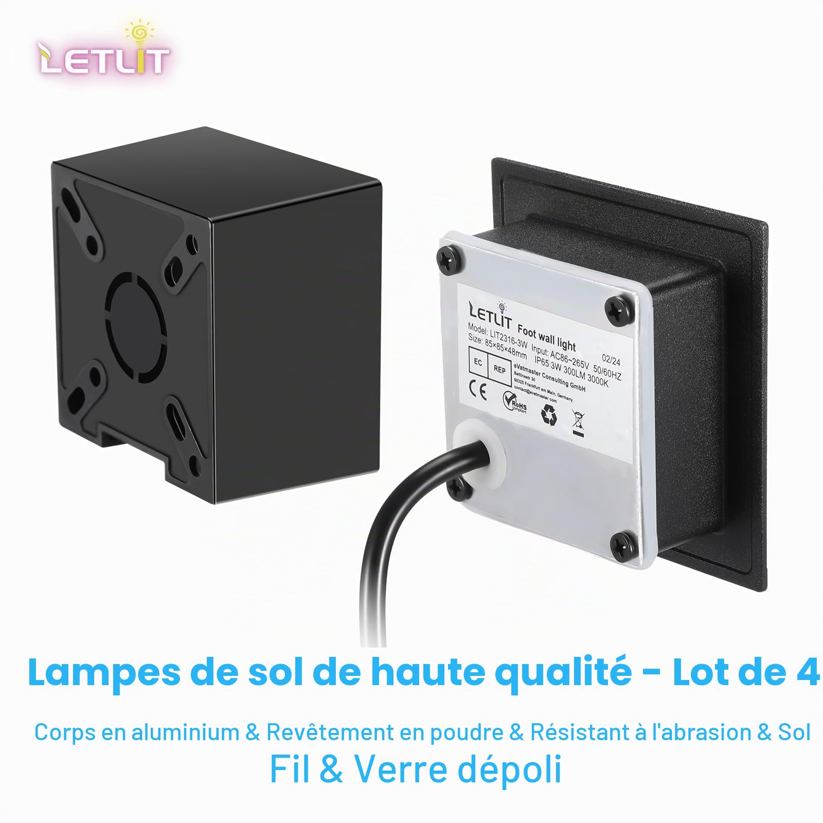 4-Pack Eclairage Escalier Exterieur 3W 300lm, Spot LED Encastrable 230V 3000K, 85x85mm, IP65 Applique Encastrée Intérieure pour Mural, Douilles Encastrées 68mm, Aluminium Noir