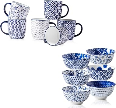 12 Pcs Ceramic Dinnerware - 12 Oz Coffee Mugs and 12 OZ Dessert Bowls - Service for 6 - Vintage Blue