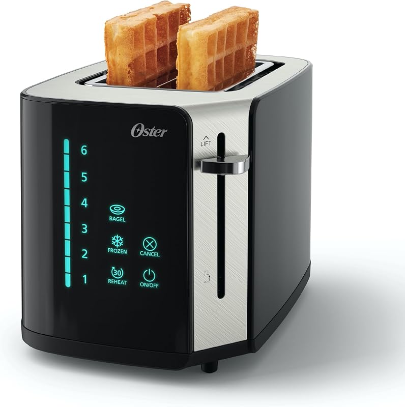 Oster Tostadora con pantalla táctil de 2 rebanadas, temporizador de cuenta regresiva digital, 6 configuraciones de sombra, tecnología Easy Touch, modos Bagel/Recalentar/congelado, acero inoxidable