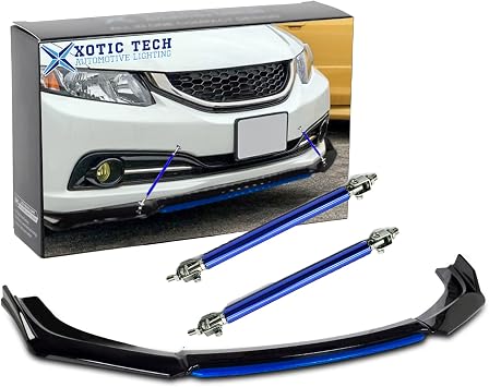 x xotic tech Front Bumper Lip Chin Spoiler Splitter Diffuser Protector Body Kit with Adjustable 8"-11" Support Splitter Rod Compatible with Honda Accord Civic, Volkswagen MK5 MK6 MK7, Black w/Blue
