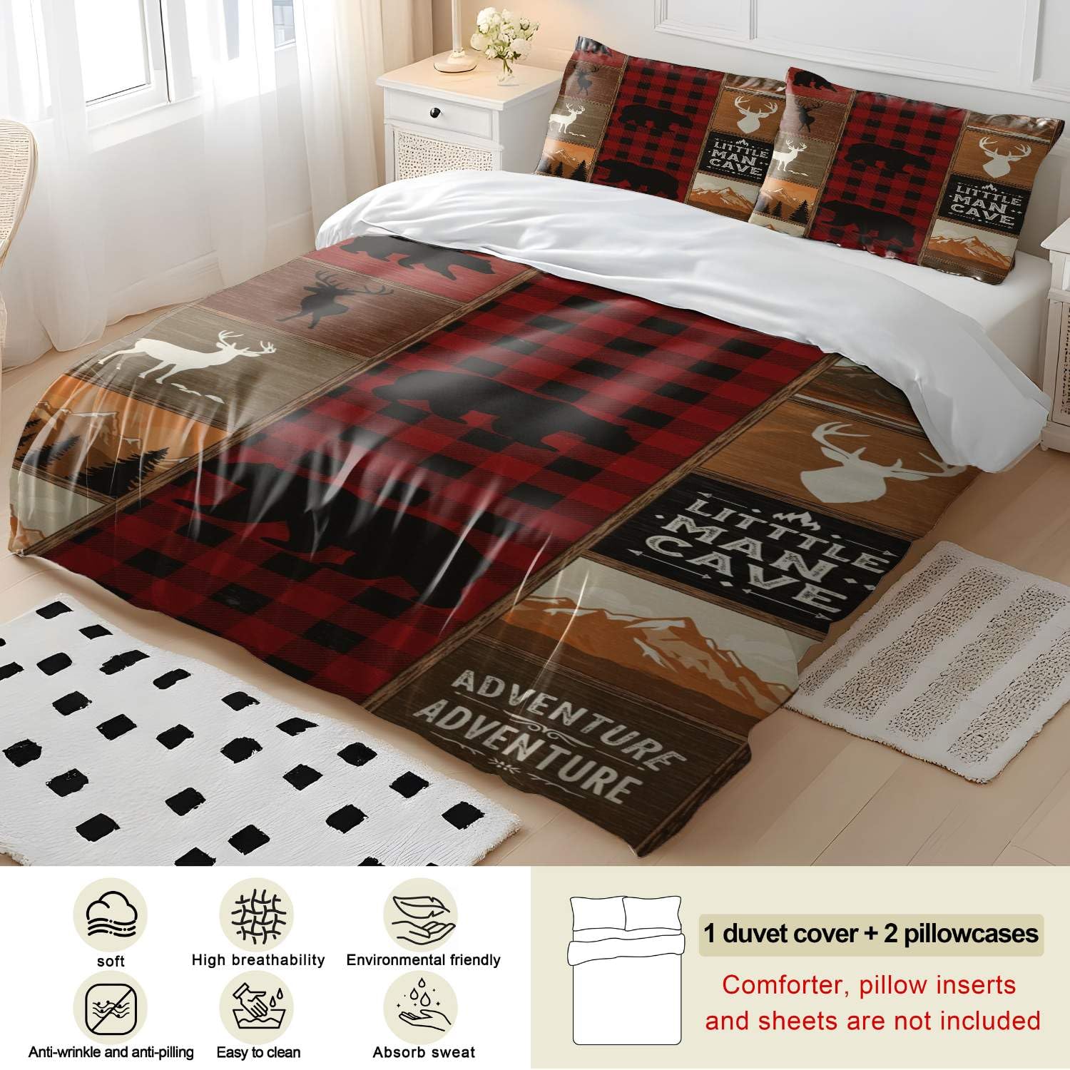 Juego de funda de edredón con estampado de oso y ciervo a cuadros rojos y negros, ropa de cama para niños, ropa de cama de aventura al aire libre para niños, 3 piezas, diseño de estilo vintage (01