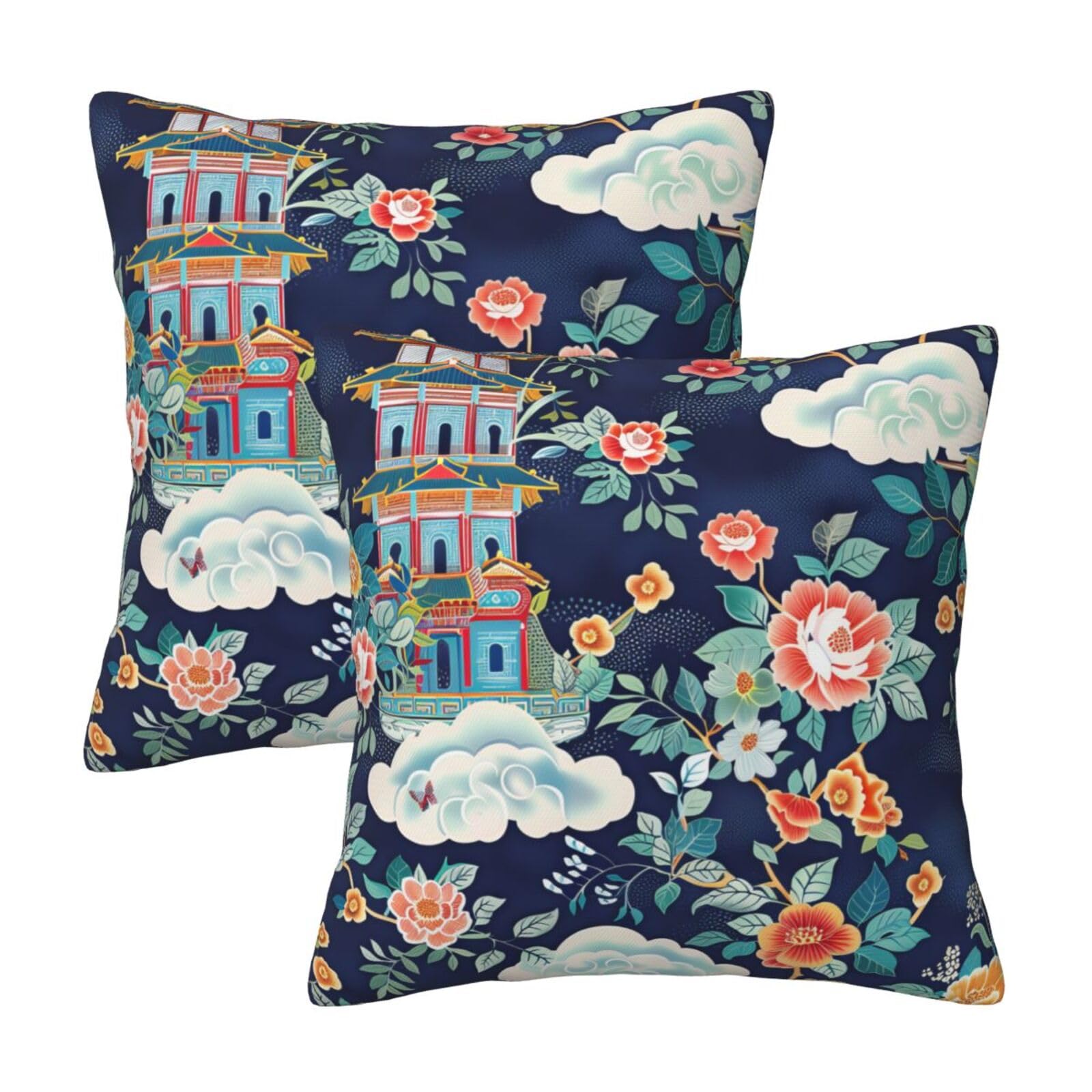 HOSTECCO Chinoiserie Cushion Covers 45x45 cm Set of 2 Vintage Floral Cushion Cases Chinese Decorative Pillow Covers for Sofa Couch
