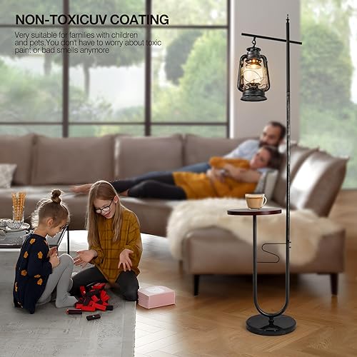 Miniatura 3 de Lámpara de pie vintage con mesa, lámpara de pie de linterna clásica, lámpara de pie rústica de granja, lámpara de pie de arco colgante con acabado