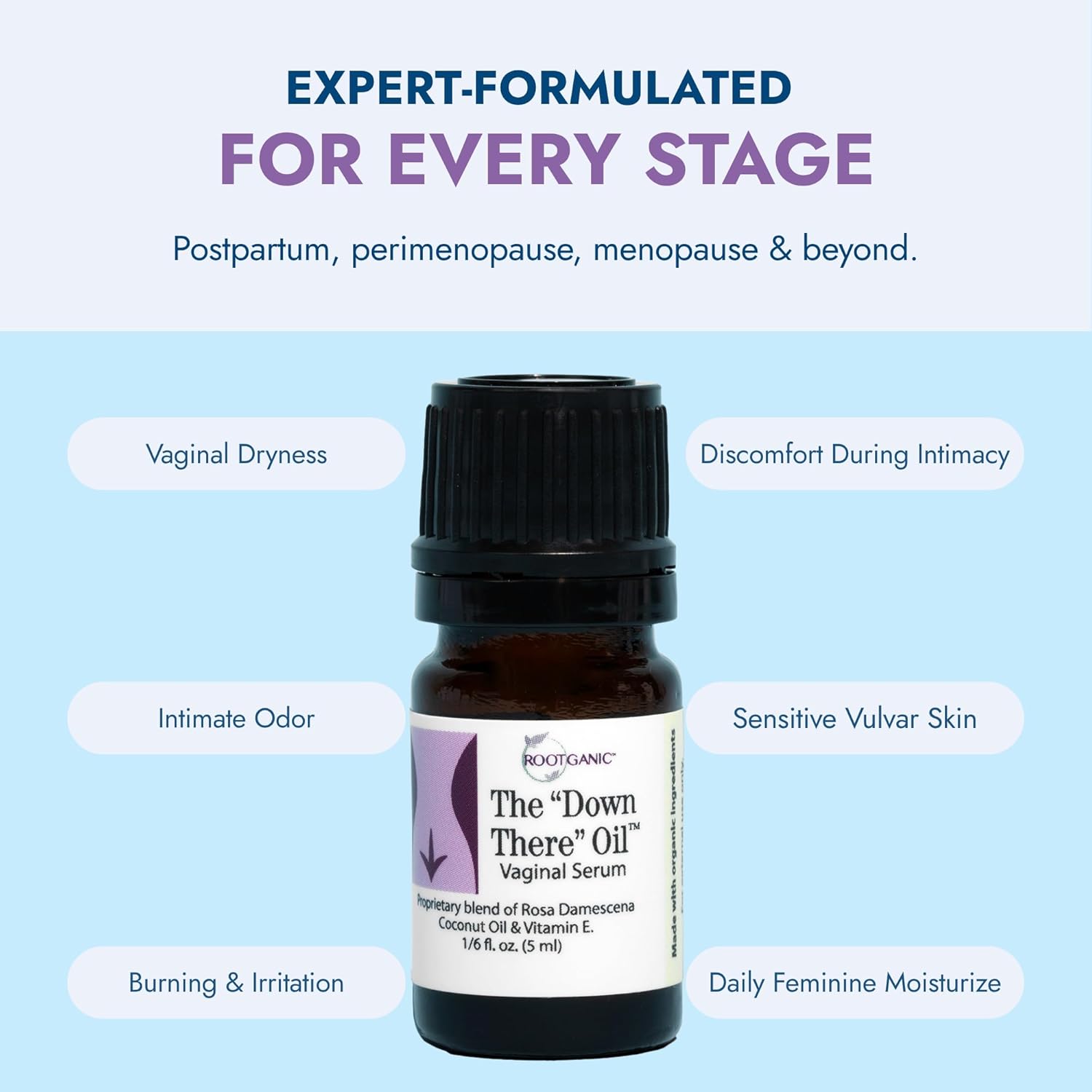 Down There Oil - External Intimate V Support for Dryness, Moisturization, Comfort and Confidence - Great for Daily Use - Estrogen-Free Intimate Oil for Feminine Care - 5 ml