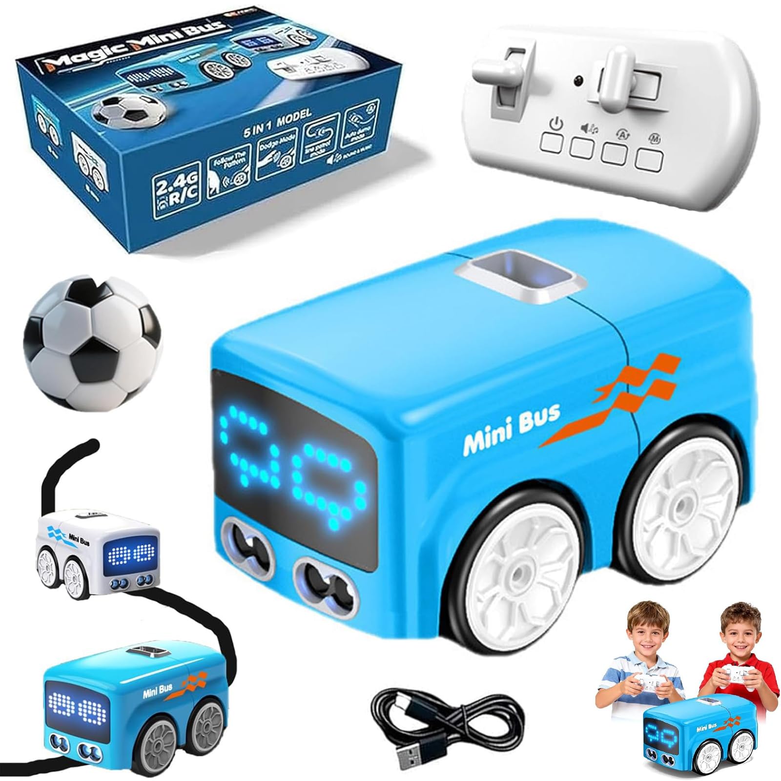 Magic Mini Bus Spielzeug, RC-gesteuert mit Auto-Ausdrücken und 4 Spielmodi, intelligentes Sensorauto mit Fernbedienung und dynamischem LED-Licht, STEM Lernspielzeug für Jungen und Mädchen (Blau)