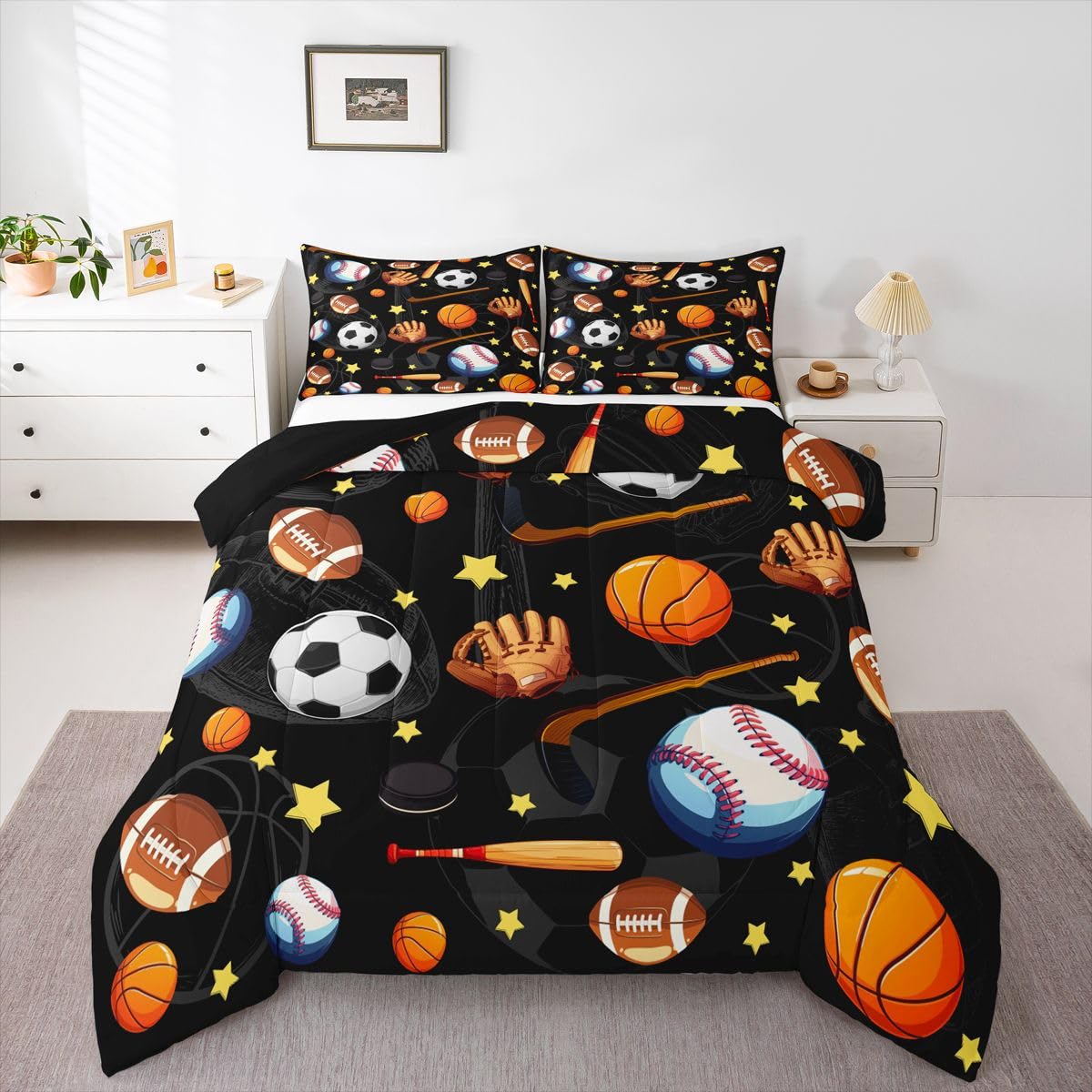 Feelyou Soccer Basketball Comforter Set Full Size Football Baseball Hockey Bedding Set for Kids Boys Girls Gaming Sports Black Duvet Quilt Bedroom Decor Microfiber 3 Pcs with 2 Pillow Cases