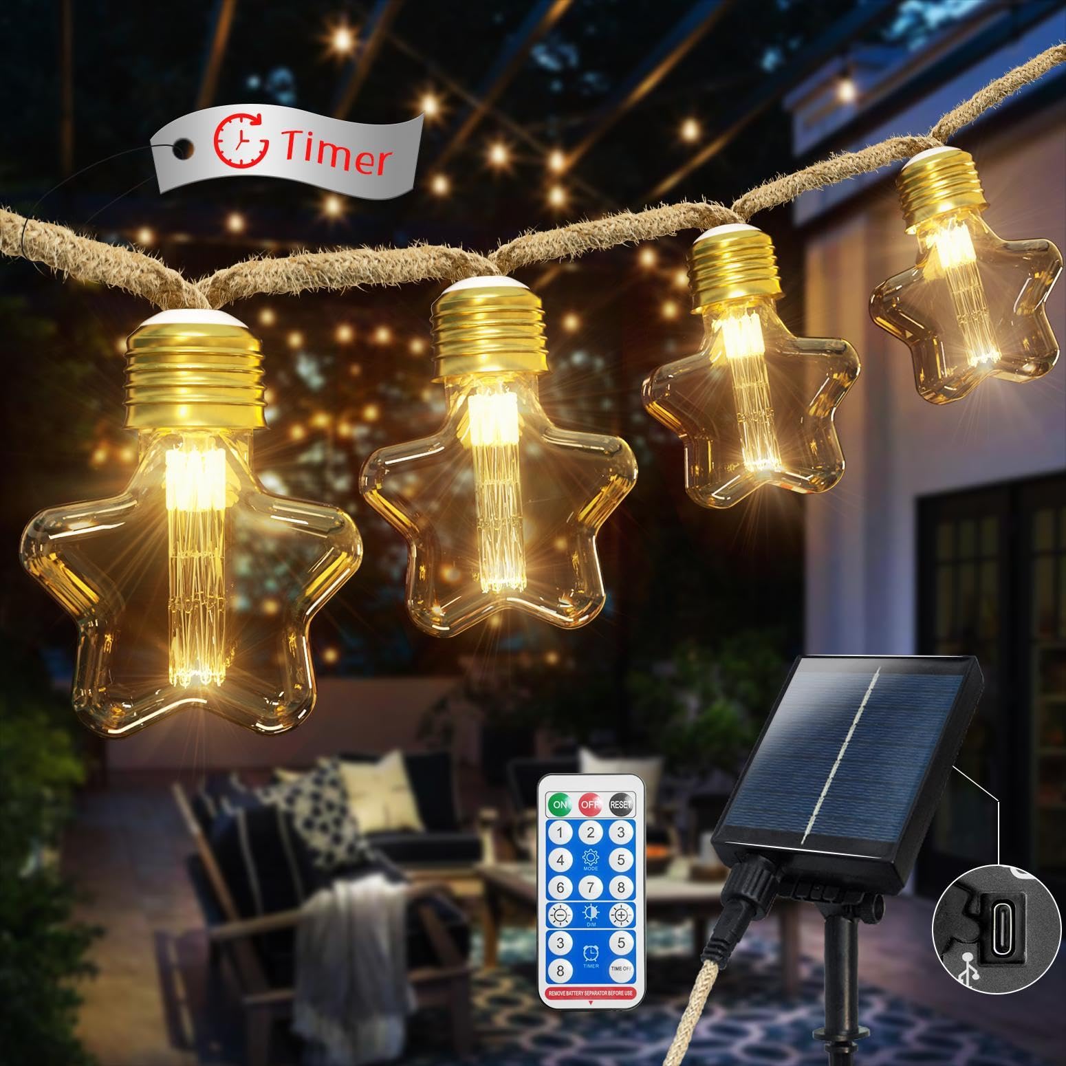 Ciskotu Solarny i USB LED łańcuch świetlny z gwiazdkami na zewnątrz i do wnętrz, lina konopna w stylu vintage, 8M 16 świateł, odporny na warunki atmosferyczne, dekoracja bożonarodzeniowa do ogrodu