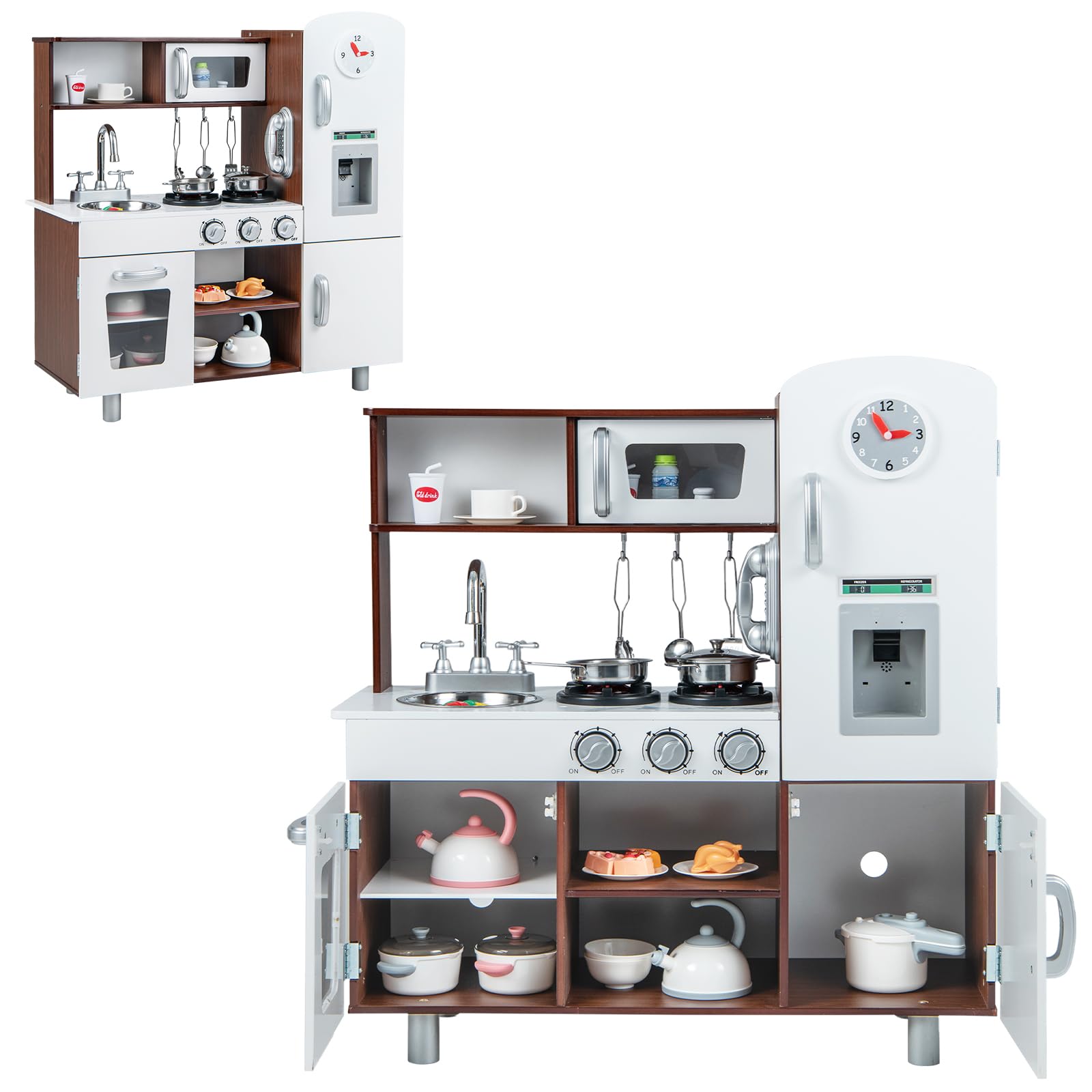 HOMASIS Cucina Giocattolo in Legno, Cucina per Bambini con Suoni e Luci, Cucinetta con Microonde, Forno, Distributore di Acqua, Frigorifero, Set da Cucina per Bambini dai 3 Anni in su, Bianco