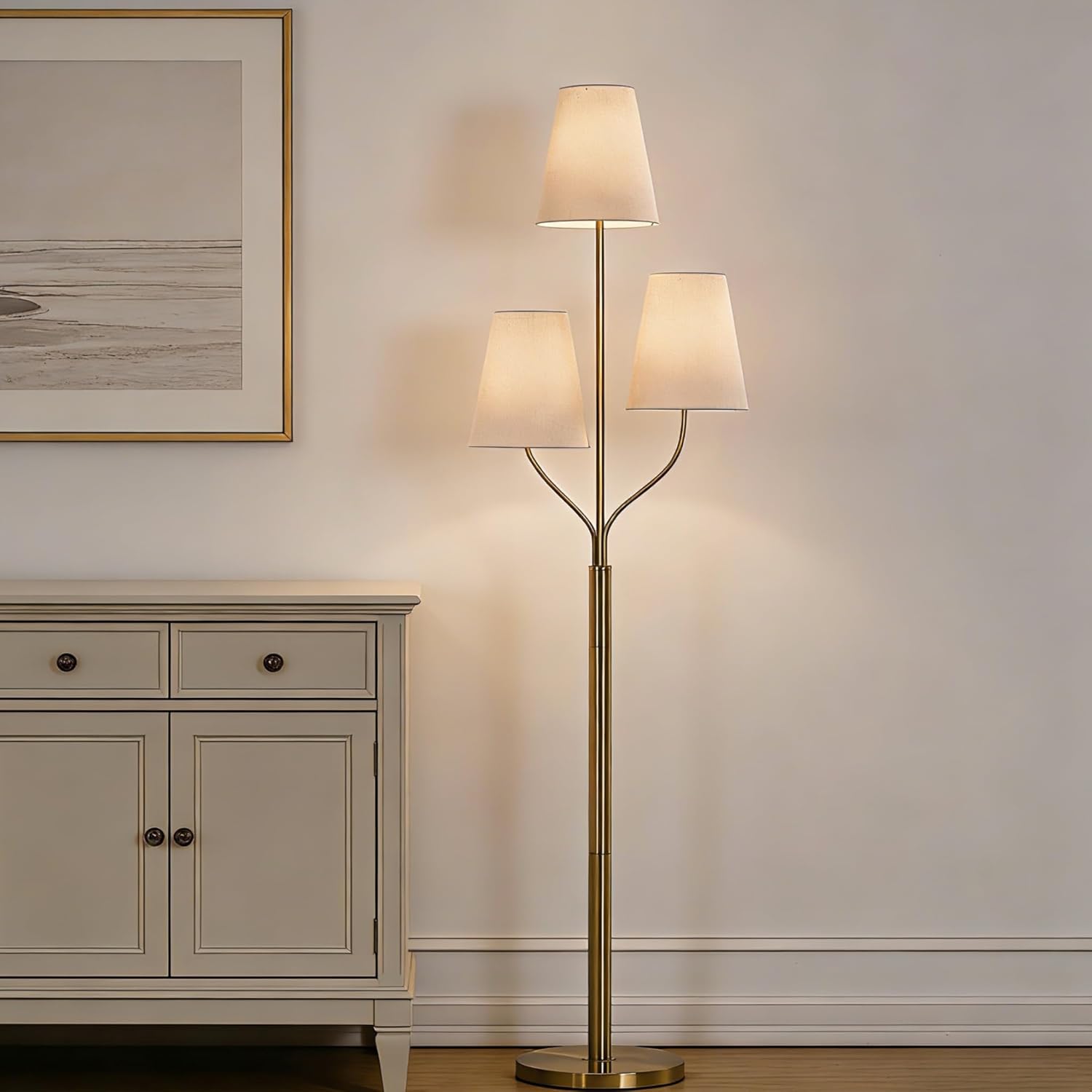 Maxax 3 Lights Brass Gold Floor Lamp for Living Room, Modern 65" Tall Standing Tree Lamp with 3 White Shade for Bedroom Office