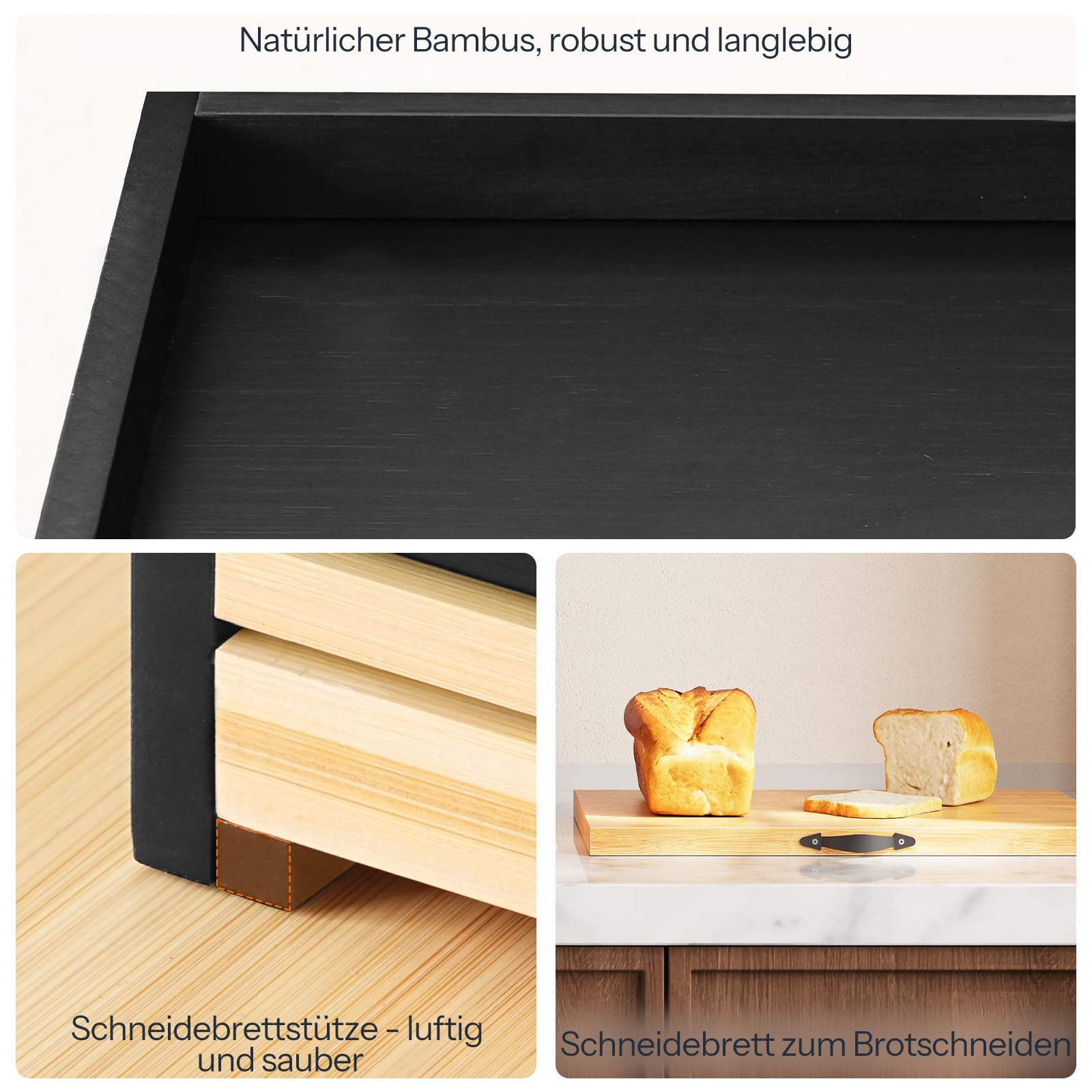 HOOBRO 2-stöckiger Brotkasten Bambus mit Schneidebrett und Besteckhalter, Brotbox mit Acryltüren, Brotkorb, Brotaufbewahrung, Brotbehälter für Küche und Esszimmer, Schwarz und Natur EBY23MB01