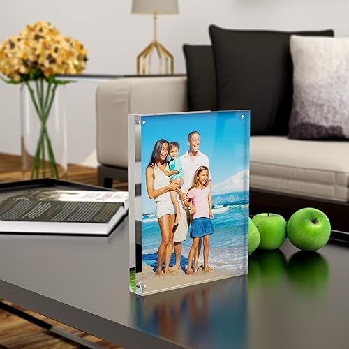 Miniatura 6 de unum Marco de fotos acrílico transparente de 4 x 6 pulgadas, marcos magnéticos flotantes de lujo, marco de bloque Lucite, escritorio, estante o