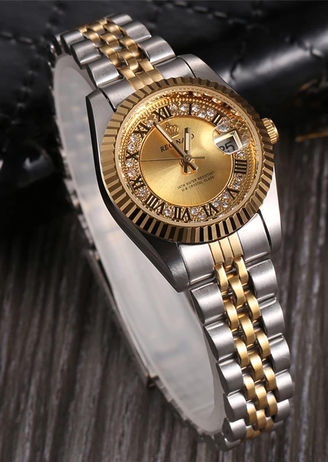 FANMIS Women's Luxury Dress Rhinestone Stainless Steel Waterproof Quartz Date Luminous Casual Watch Silver Green (Silver Gold Women), 001