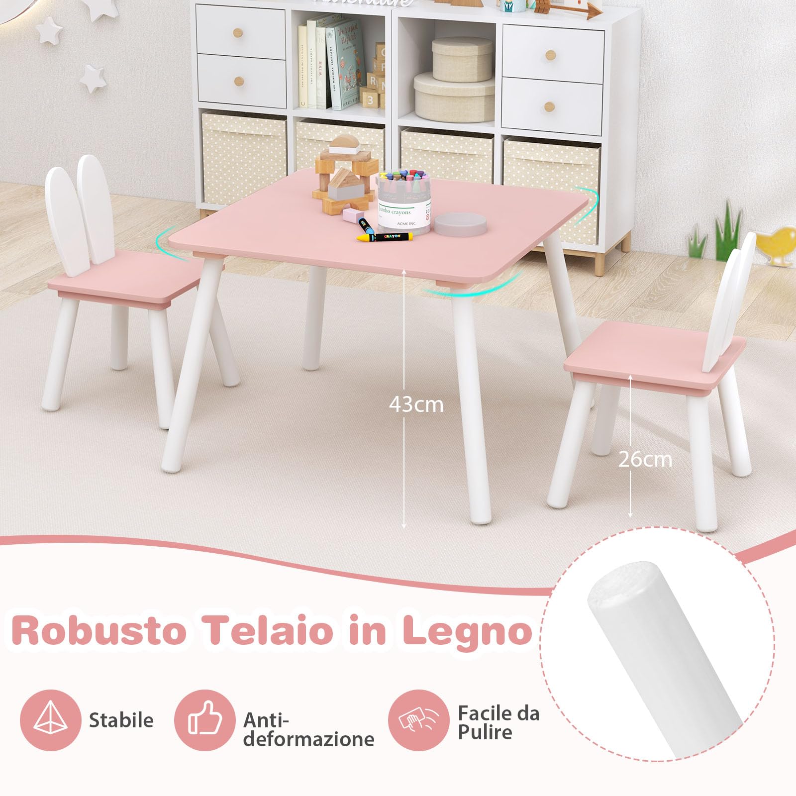 RELAX4LIFE Tavolino Bambini con 2 Sedie con Orecchie da Coniglio, Set Tavolo e Sedie in Legno per Bambini 3-6 Anni, Design Compatto, Tavolino per Giocare, Disegnare e Leggere, Porta 40 KG (ROSA)