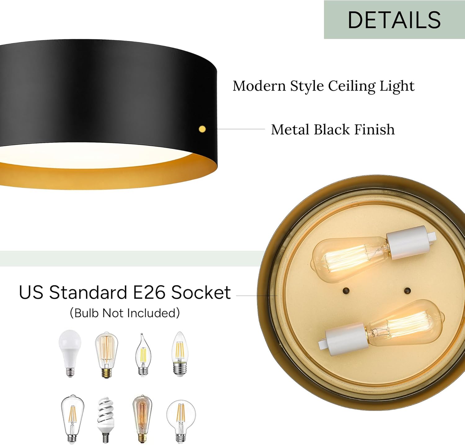 Casia Industrial Flush Mount Ceiling Lights, Flush Mount Close to Ceiling Lighting Fixture with Frosted Glass, Metal Ceiling Light for Living Room, Bedroom, Hallway (Black)