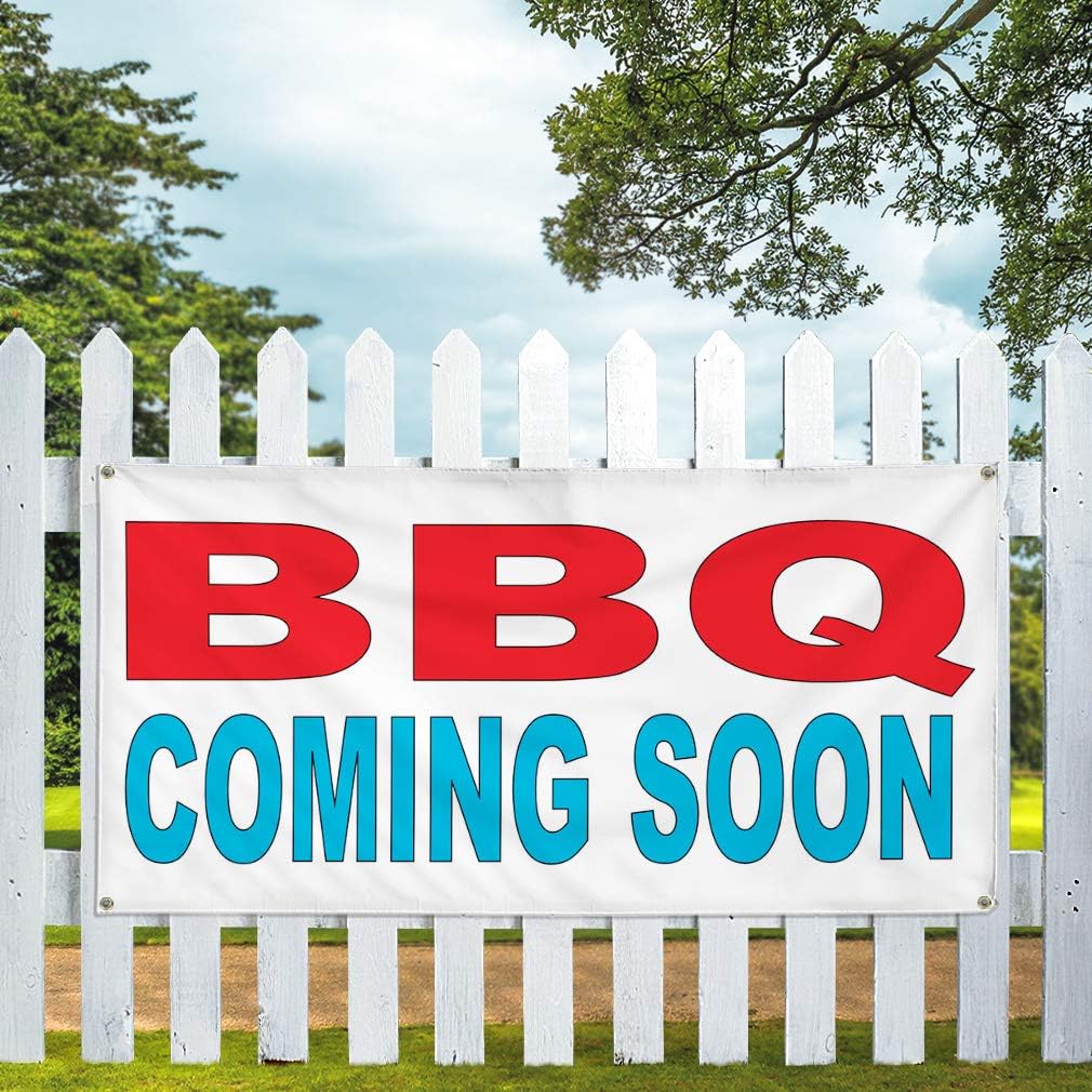 Vinyl Banner Multiple Sizes Bbq Coming Soon Red Blue Food Bar Restaurant Truck Business Outdoor Weatherproof Industrial Yard Signs 6 Grommets 36x72Inches