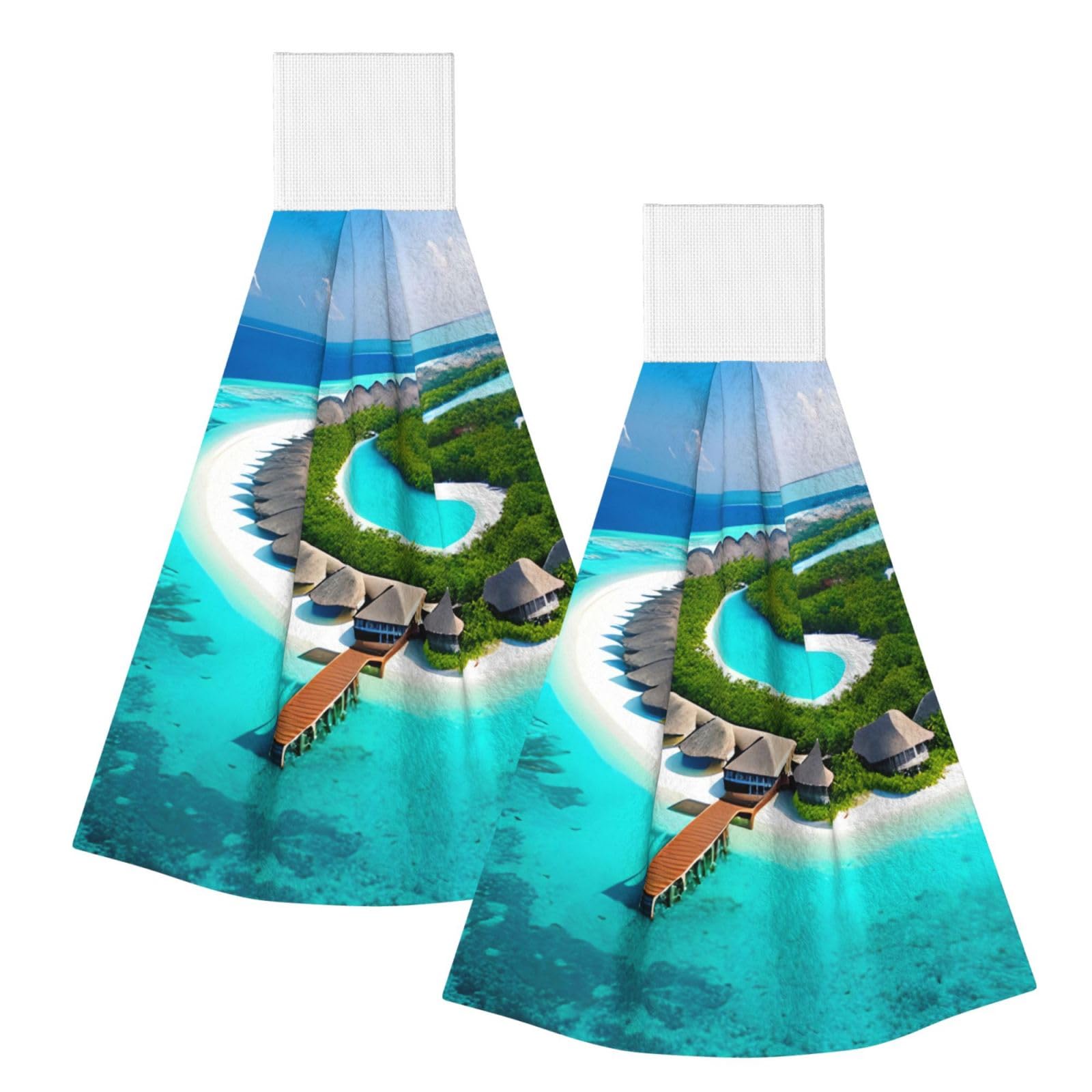 WUPngg Maldives Scenery Bathroom Tie Towels/Dish Cloth,Kitchen Hanging Towel, Coral Fleece Dry Cleaning Hand Dishcloths One Size