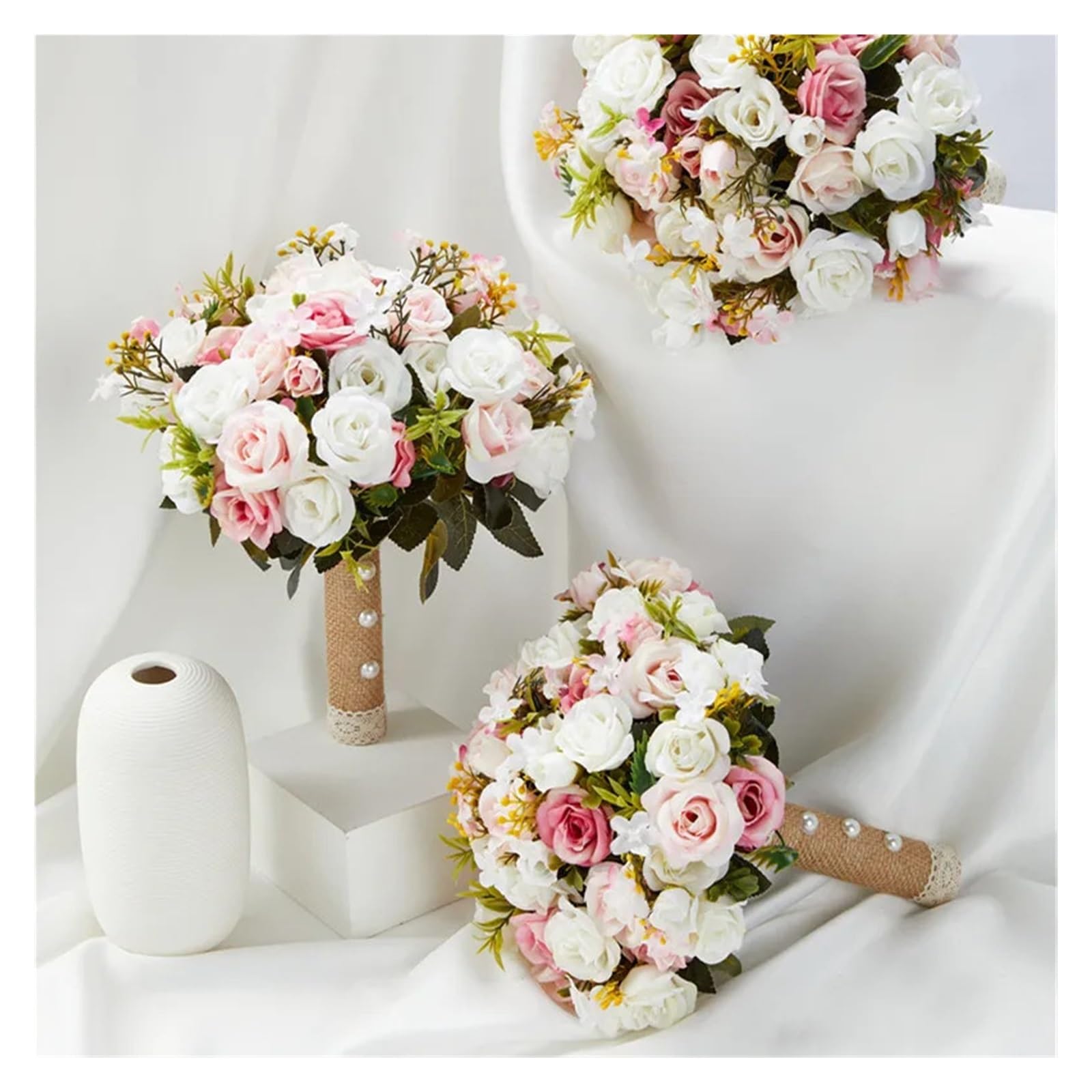 Pink Wedding Bouquet Bride Bridesmaid Holding Flowers Silk Ribbon Roses Artificial Flower Accessories(White pink)