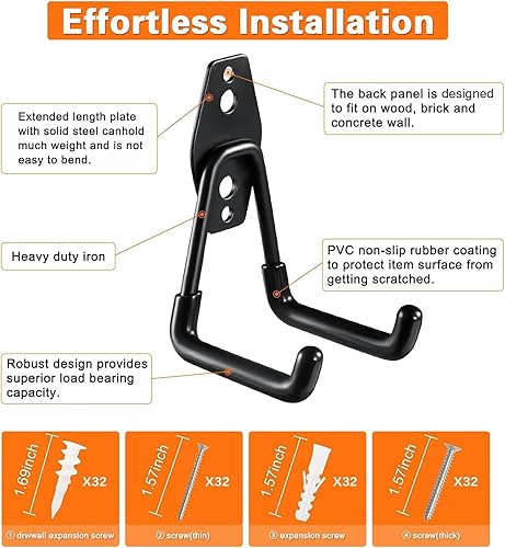 Miniatura 4 de GUDEMAY Paquete de 16 ganchos de garaje, colgador de herramientas de acero resistente y organizador para almacenamiento de montaje en pared,