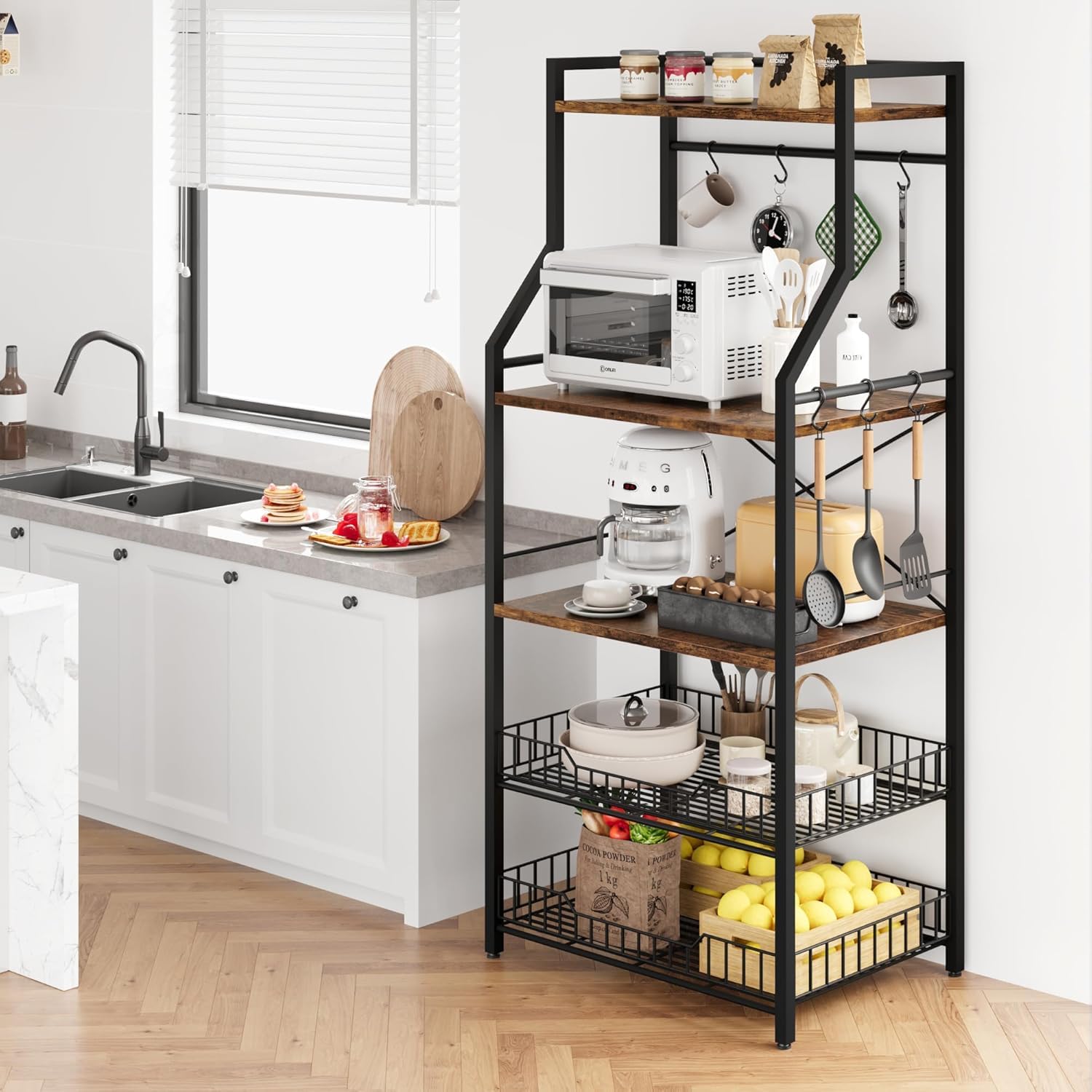 Garvee Mueble microondas Cocina con Gran Capacidad,Estantería 5 Niveles para Microondas de Cocina,con 6 Ganchos para Especias y Organizador de Ollas,60 * 40 * 146 cm(Marrón)