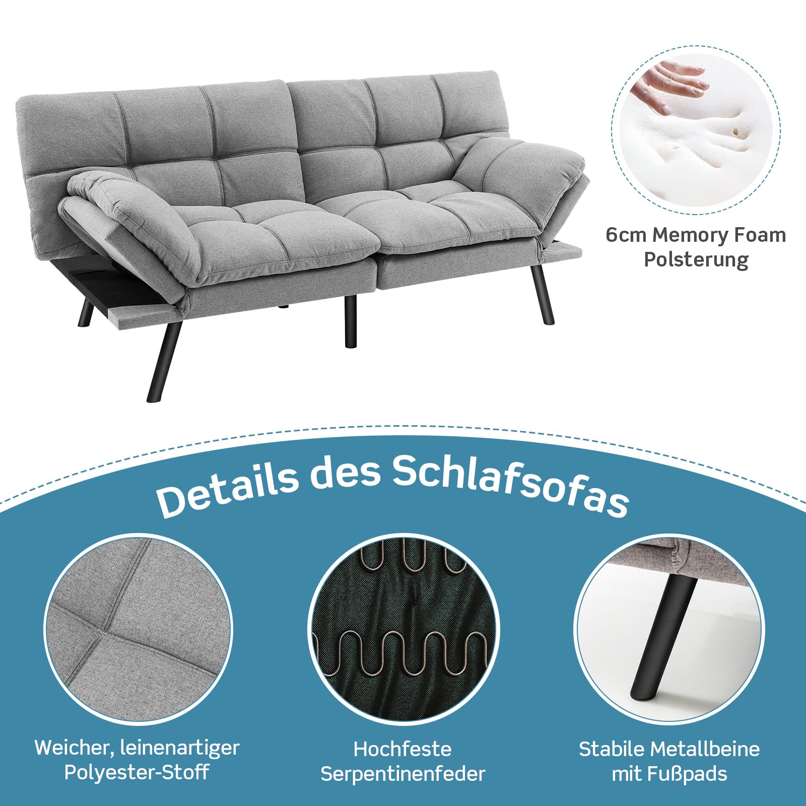 RELAX4LIFE Klappsofa mit Schlaffunktion, Klappbares Schlafsofa, Couch mit Verstellbarer Rückenlehne Armlehnen, Sofabett mit Liegefläche von 182 x 106,5 cm, Sofa für Wohnzimmer Gästezimmer (Grau)