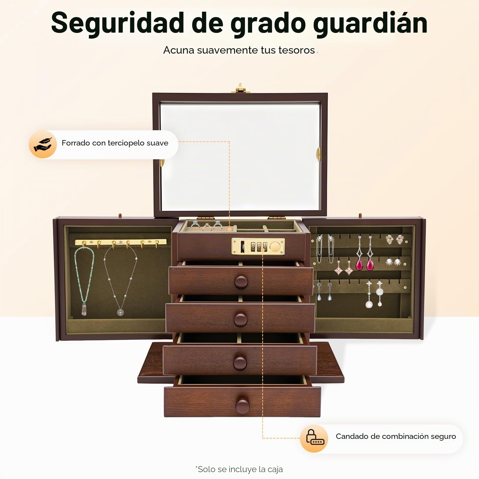 Joyero de madera grande, con 4 cajones, con cerradura y espejo