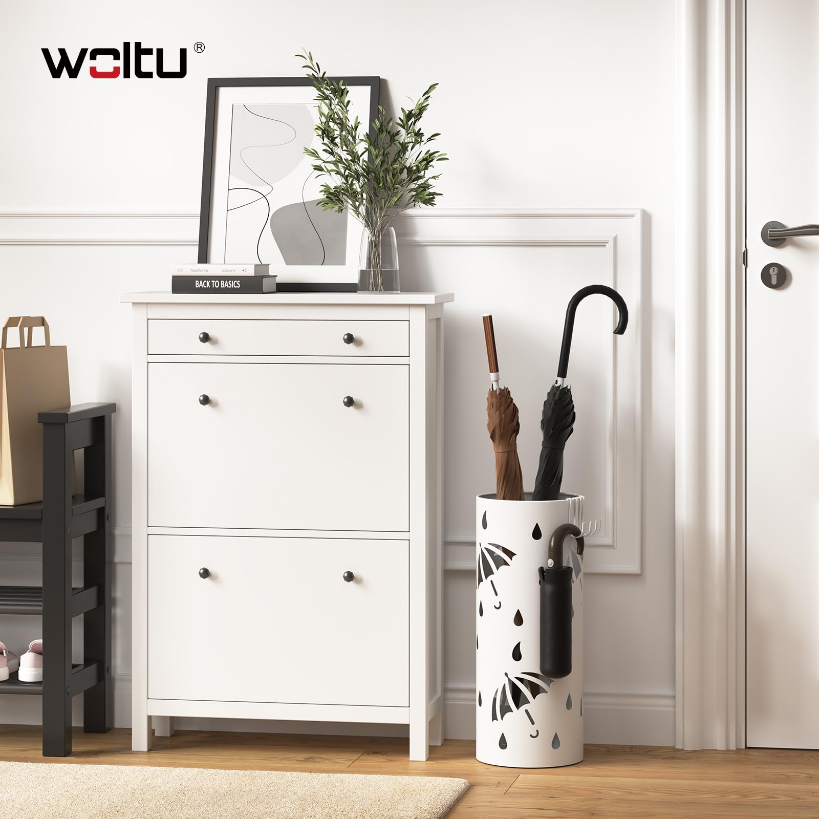 WOLTU Paragüero de Diseño Redondo Soporte Paraguas con Ganchos y Plato de Plastico, Bandeja Recogegotas 20x 49 cm Blanco SST01ws