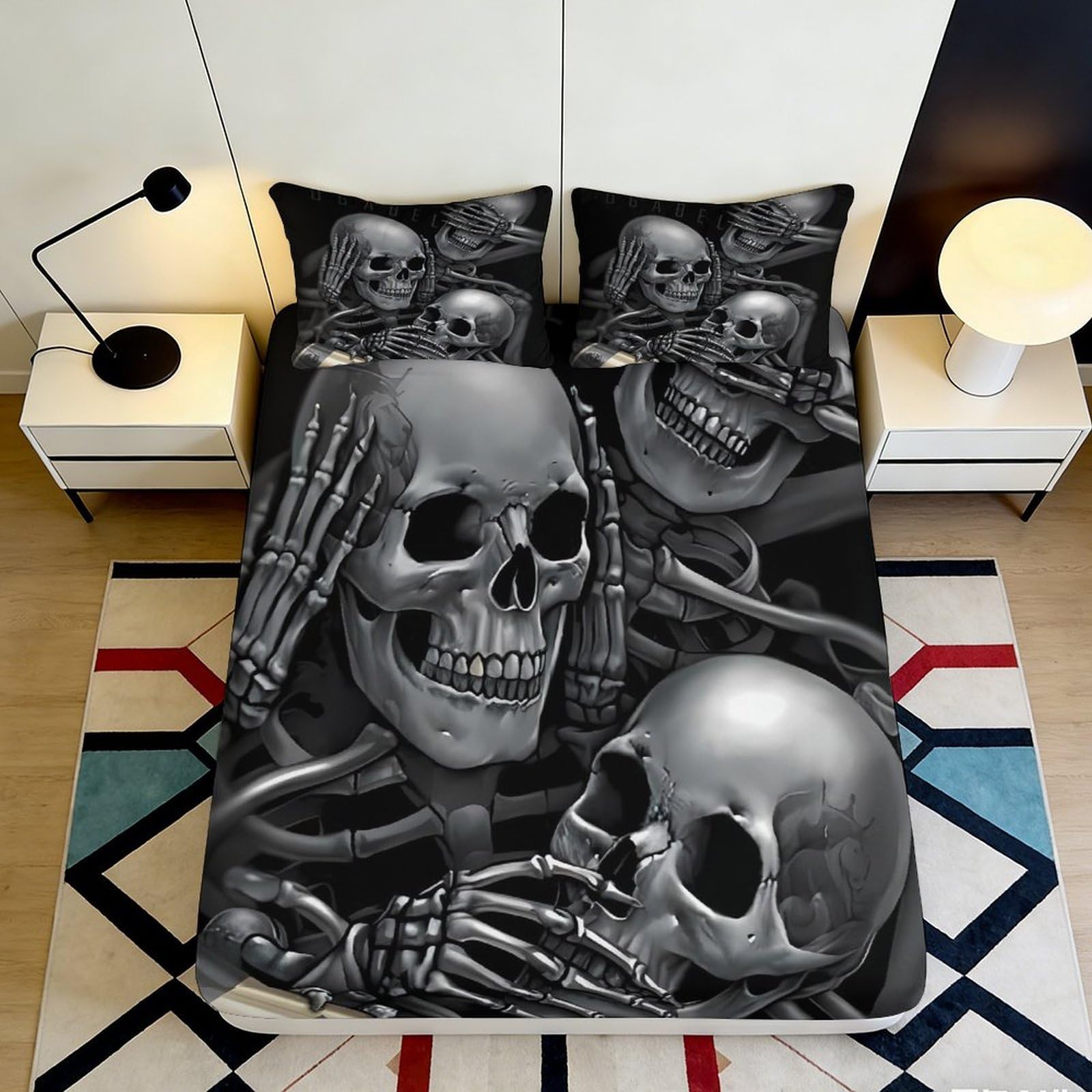 3D Printed Skull Skeleton Fitted Sheet Microfiber Black Gothic Mattress Cover for Bedroom Dorm Mattress Protection Decor 140x200x25cm