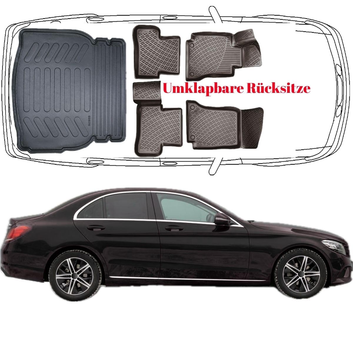 Trimak 3D Komplettset für Mercedes C Klasse W205 Limousine 2014-2021 | *für umklappbare Rücksitze*, Fussmatten & Kofferraumwanne, Gummimatten & Kofferraummatte aus TPE Gummi, Passgenau