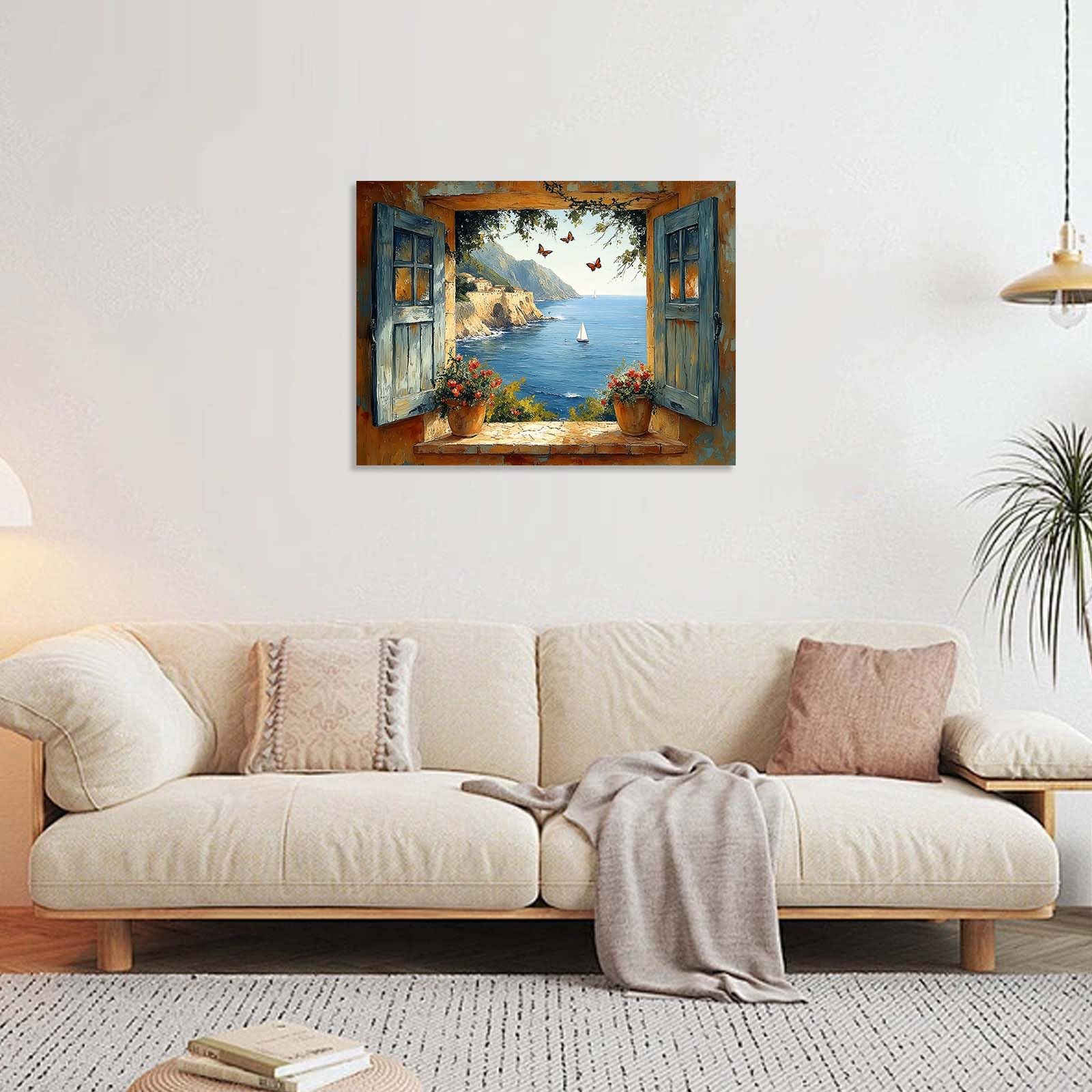 Framed Canvas Wall Art 12x16 Inch Mediterranean Coastal Window View Artwork Ocean Sailboat Wall Canvas Pictures for Living Room Bedroom Hallway Wall Decoration Prints with Hooks Magic Tape and Nails — view 5
