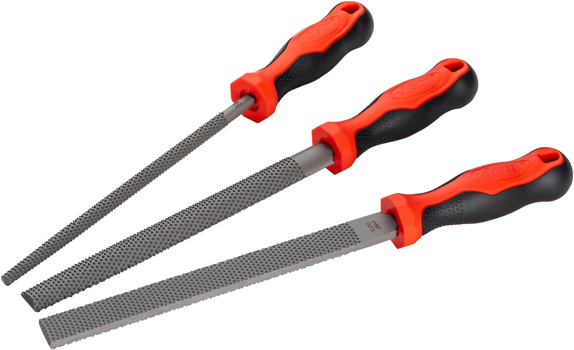 Vigor Wooden File Set V1886/3, 3 Pieces, Flat, Half Round, Round, Cut 2, Ergonomic Handles