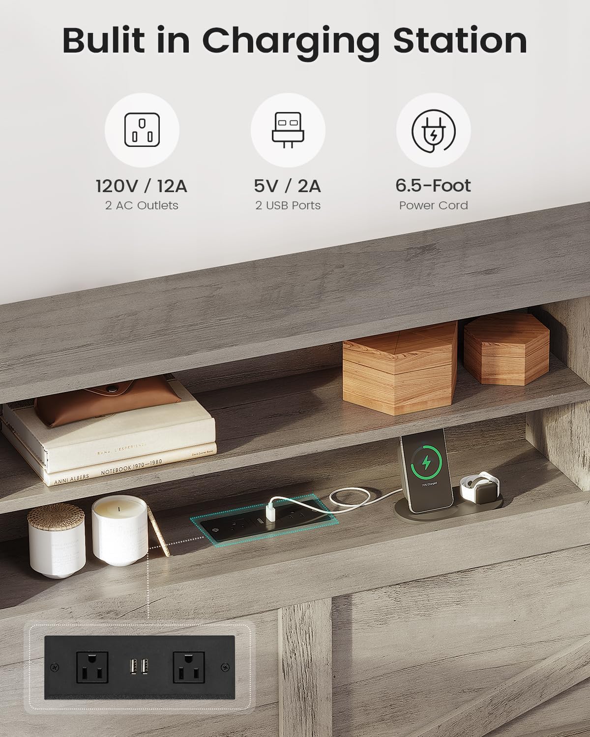 AOGLLATI Farmhouse King Bed Frame Bed Frame with 4 Storage Drawers and Led Lights, Wooden King Bed with Hidden Space Bookcase Headboard and Led Lights & Metal Slats, Grey
