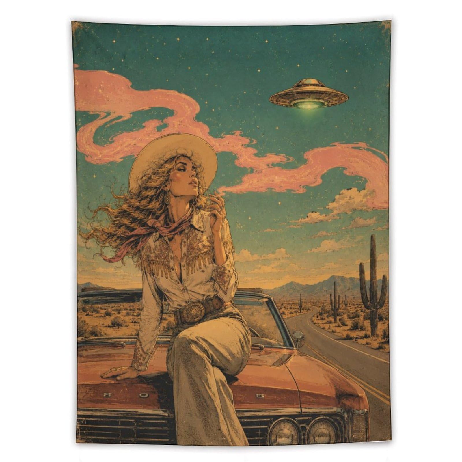 H3B8U2Y5 UFO Cowgirl Desert Road Wall Tapestry, Alien Farm Scene