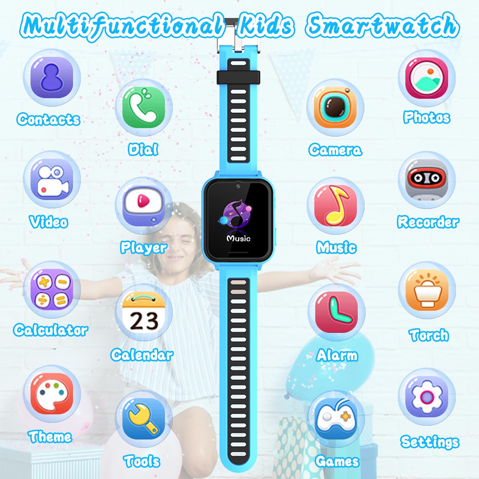Montre Connectée Enfant Garçons Filles, Montre Intelligente Enfant avec SOS Appeler, 14 Jeux HD Caméra & Lecteur Vidéo Musique Torche, Cadeaux pour Enfants 3-12ans (Bleu)