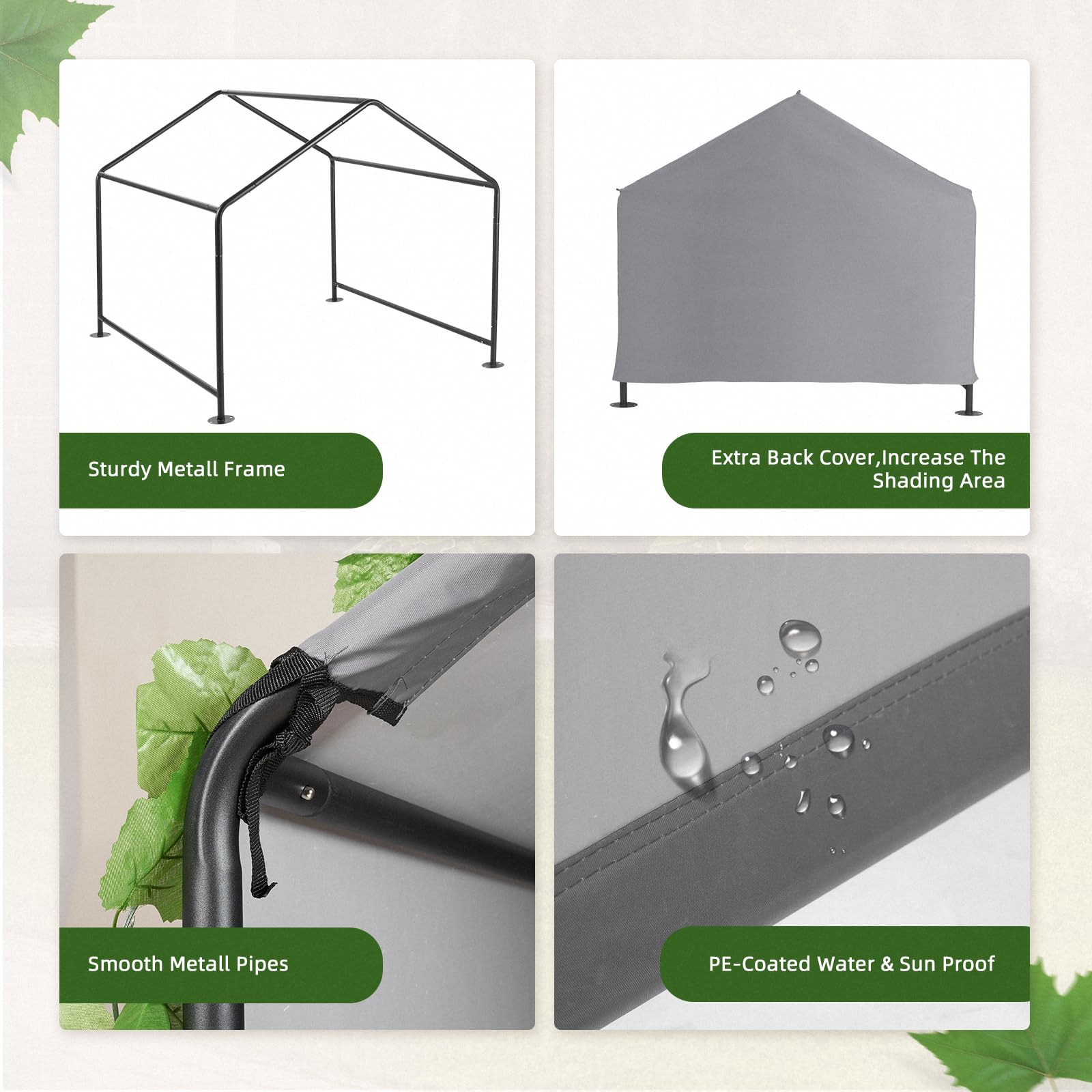 LitaiL Dog Shade Shelter for Small to Large Dogs, 4'x4'x3.5', Dog Canopy with Back Door and Artificial Grape Vines, Outside Pet Shade Canopy for Chickens, Cats, Livestock, Grey