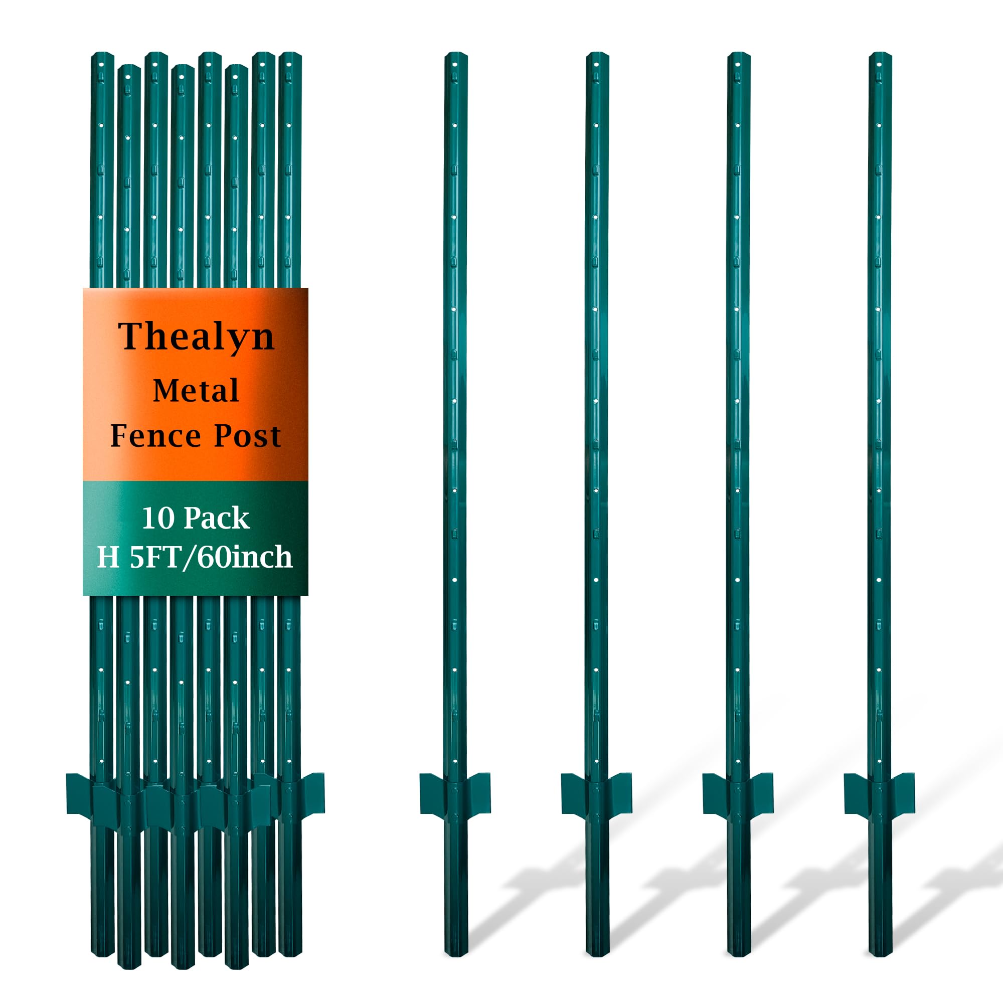 Thealyn Fence Posts 4.8 Feet, Pack of 10, Metal Fence Poles U Post Sturdy Duty Fence Stakes Step in Post No Dig Fence Post for Garden Wire Fence Steel Sign Post (Fits to 4-ft Fence Mesh)