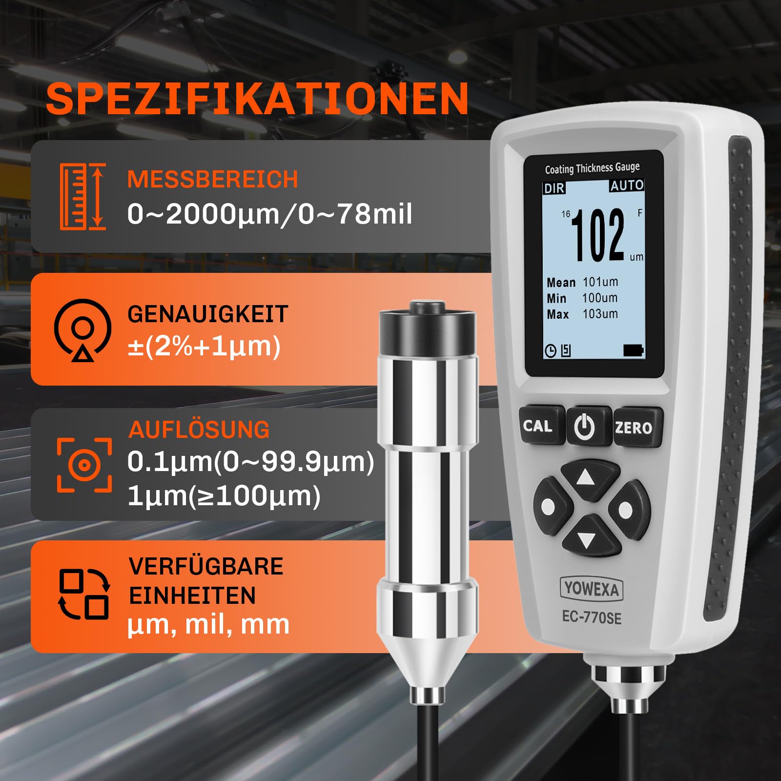 Lackmessgerät auto EC-770SE Schichtdickenmessgerät mit Externer Sonde, Automatische Erkennung mit Speicher für 2000 Messwerte, Lackdickenmessgerät für auto Messbereich 0-2000μm