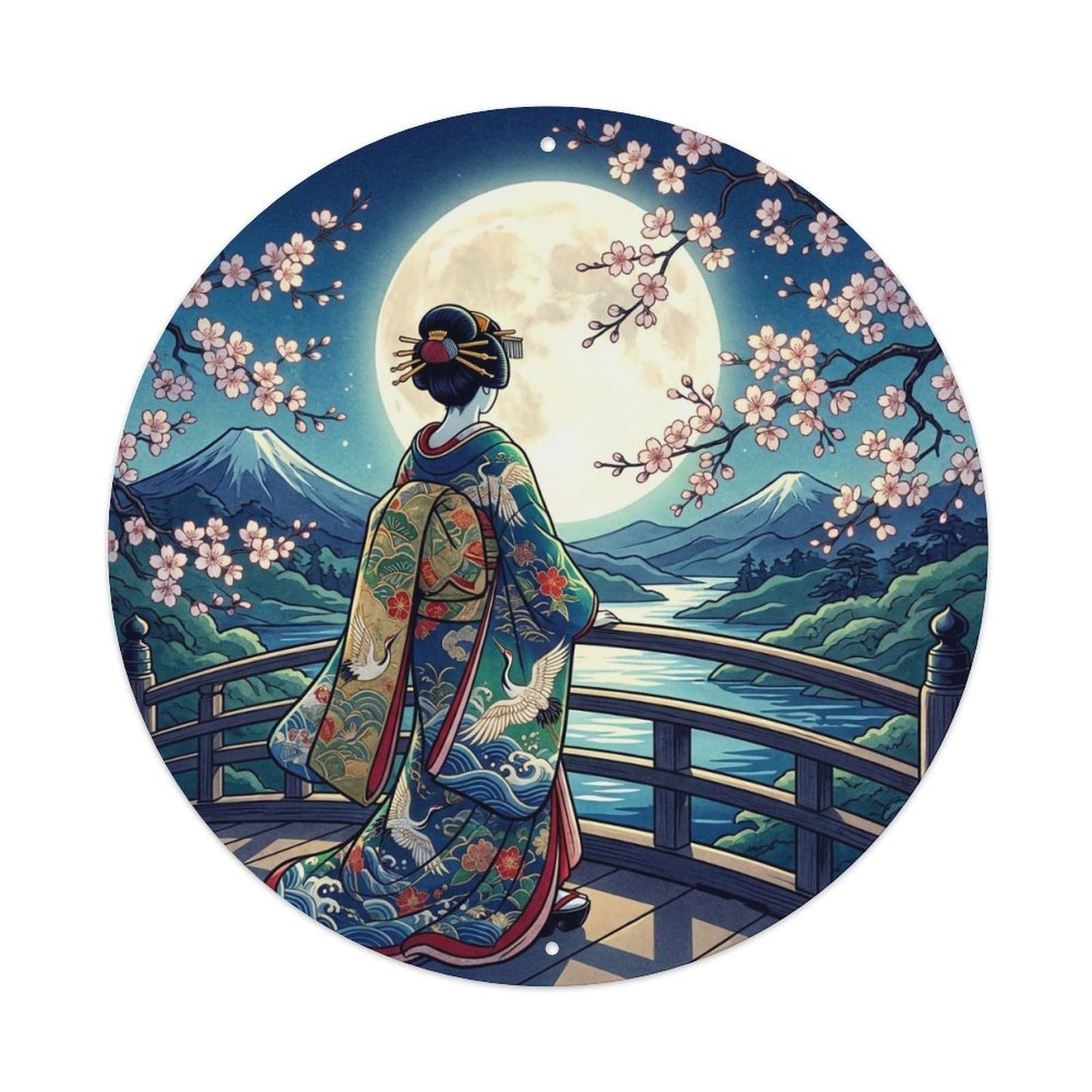 Japanese Full Moon Cherry Geisha Viewing Metal Tin Sign