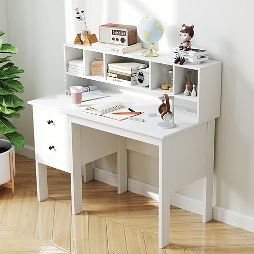 Miniatura 4 de COSTWAY Escritorio con puertos de carga USB y tomas de corriente, escritorio de computadora de 48 pulgadas con cajones y gabinete de 5