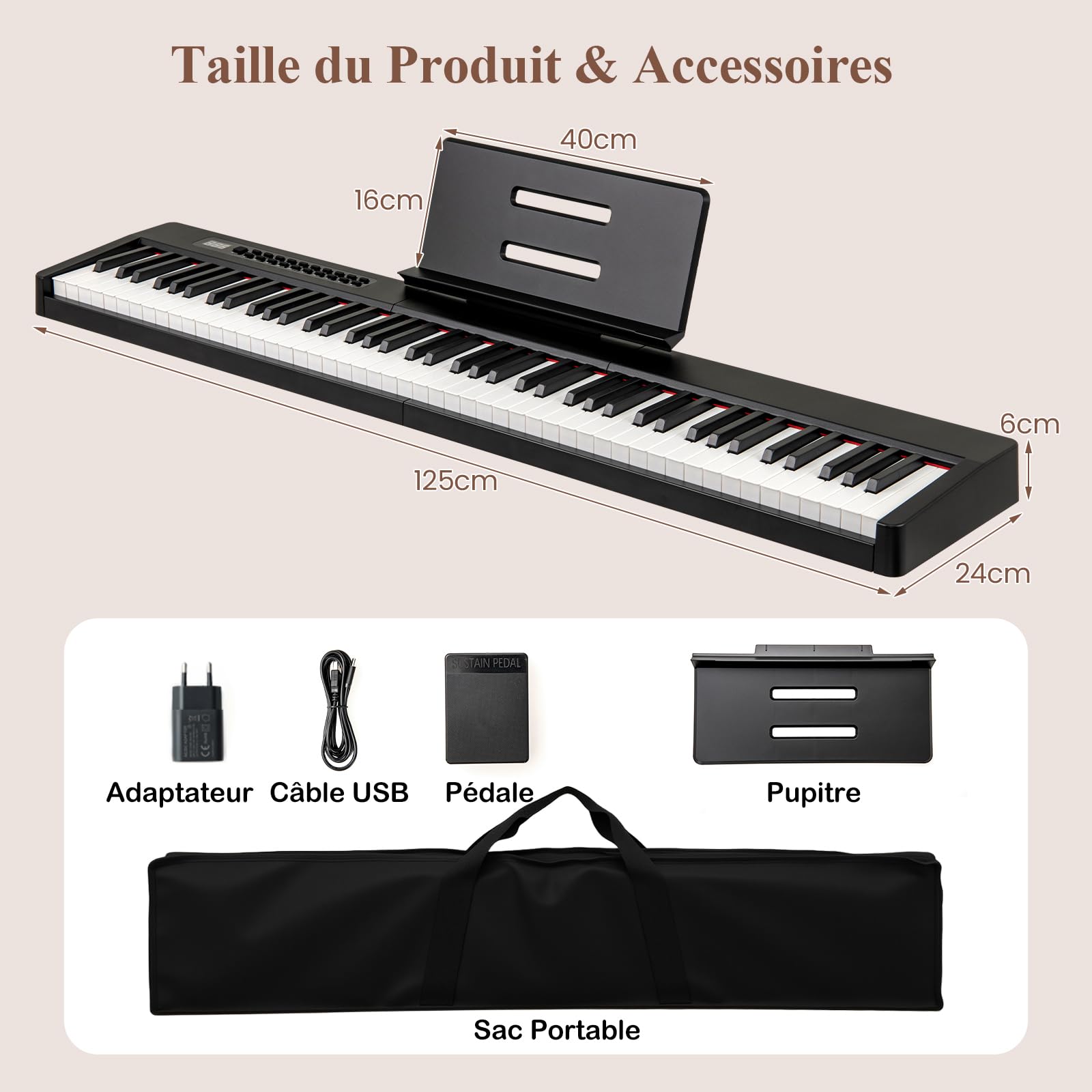 COSTWAY Piano Numérique 88 Touches avec Pupitre & Pédale, Clavier Électronique Portable avec Haut-Parleurs & Fonction MIDI & Sac, 380 Sons 128 Rythmes 88 Démos pour Débutants Enfants (Noir)