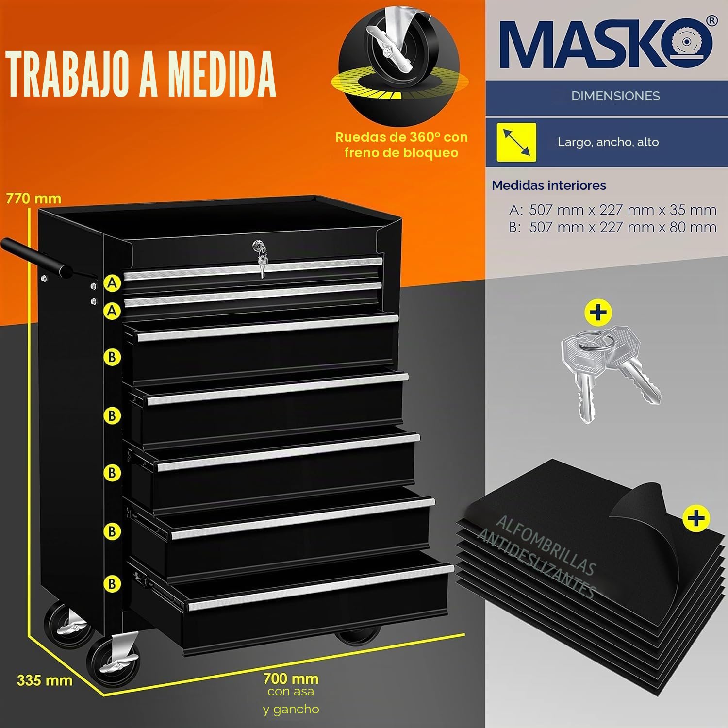 Masko® Carro de taller para herramientas, con 7 cajones, negro, metal macizo, profesional, portátil, con ruedas, bloqueable, con cerradura, no incluye herramientas